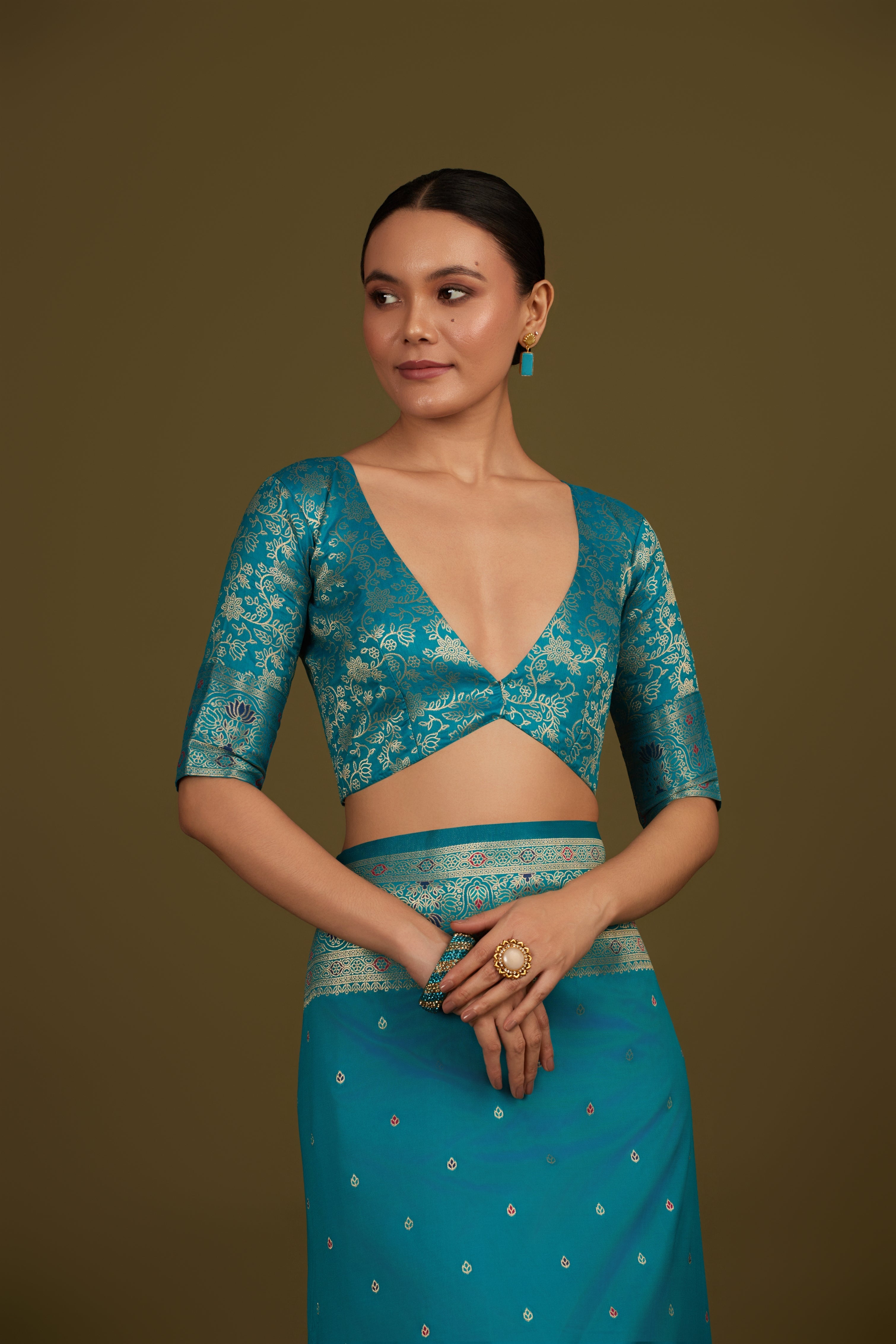 Cyan Banarasi Silk Blend Brocade Motifs Zari Woven Saree
