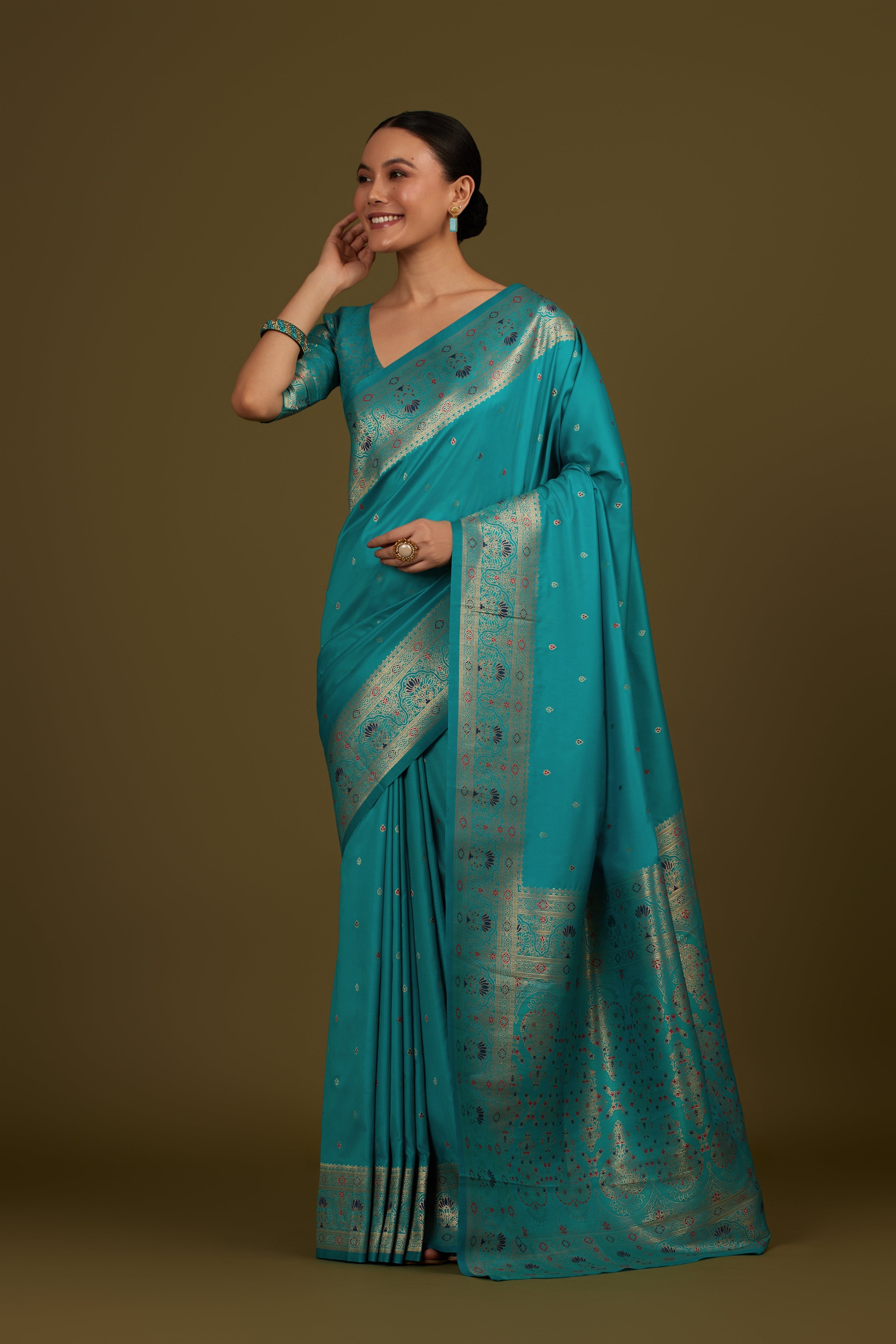 Cyan Banarasi Silk Blend Brocade Motifs Zari Woven Saree