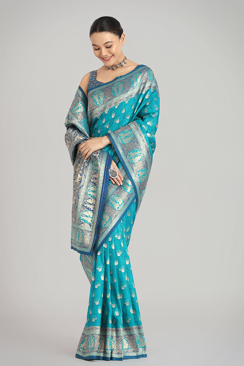 Cyan Banarasi Silk Weaving Work Traditional Saree
