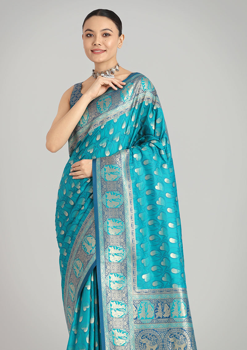 Cyan Banarasi Silk Weaving Work Traditional Saree