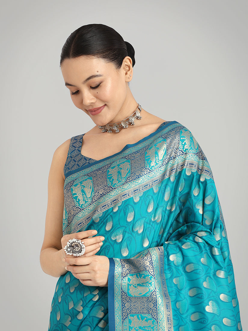 Cyan Banarasi Silk Weaving Work Traditional Saree