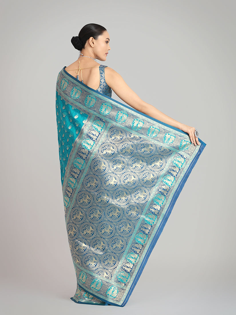 Cyan Banarasi Silk Weaving Work Traditional Saree