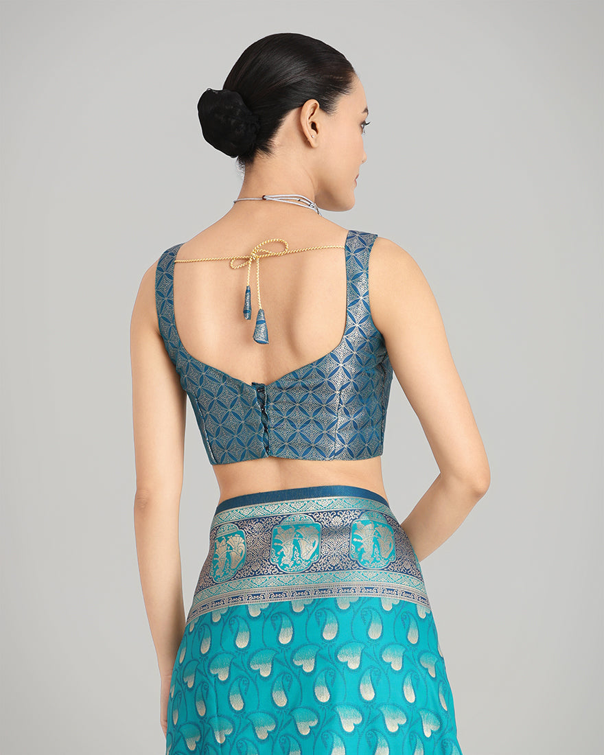 Cyan Banarasi Silk Weaving Work Traditional Saree