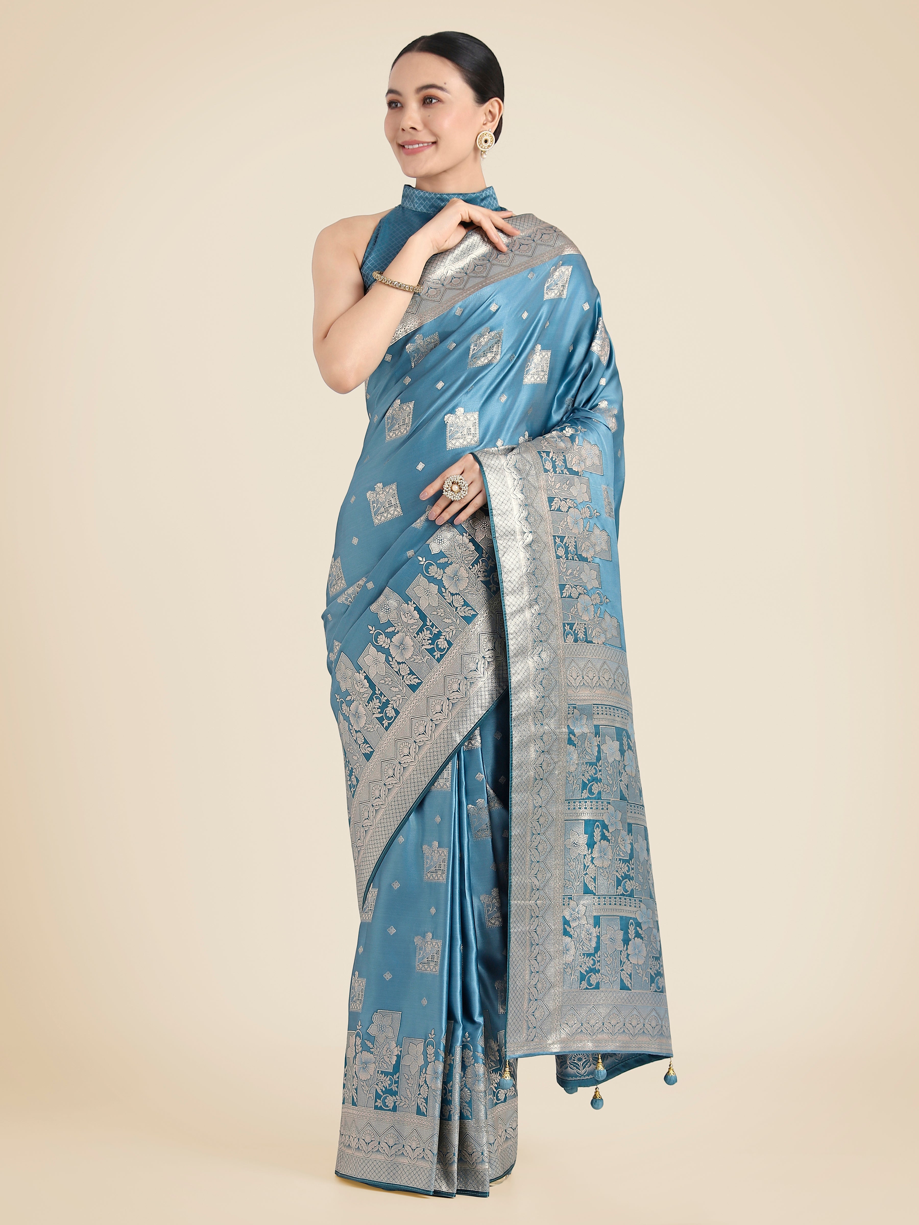 Cyan blue Banarasi Satin Silk Zari Weaving Festival Wear Saree