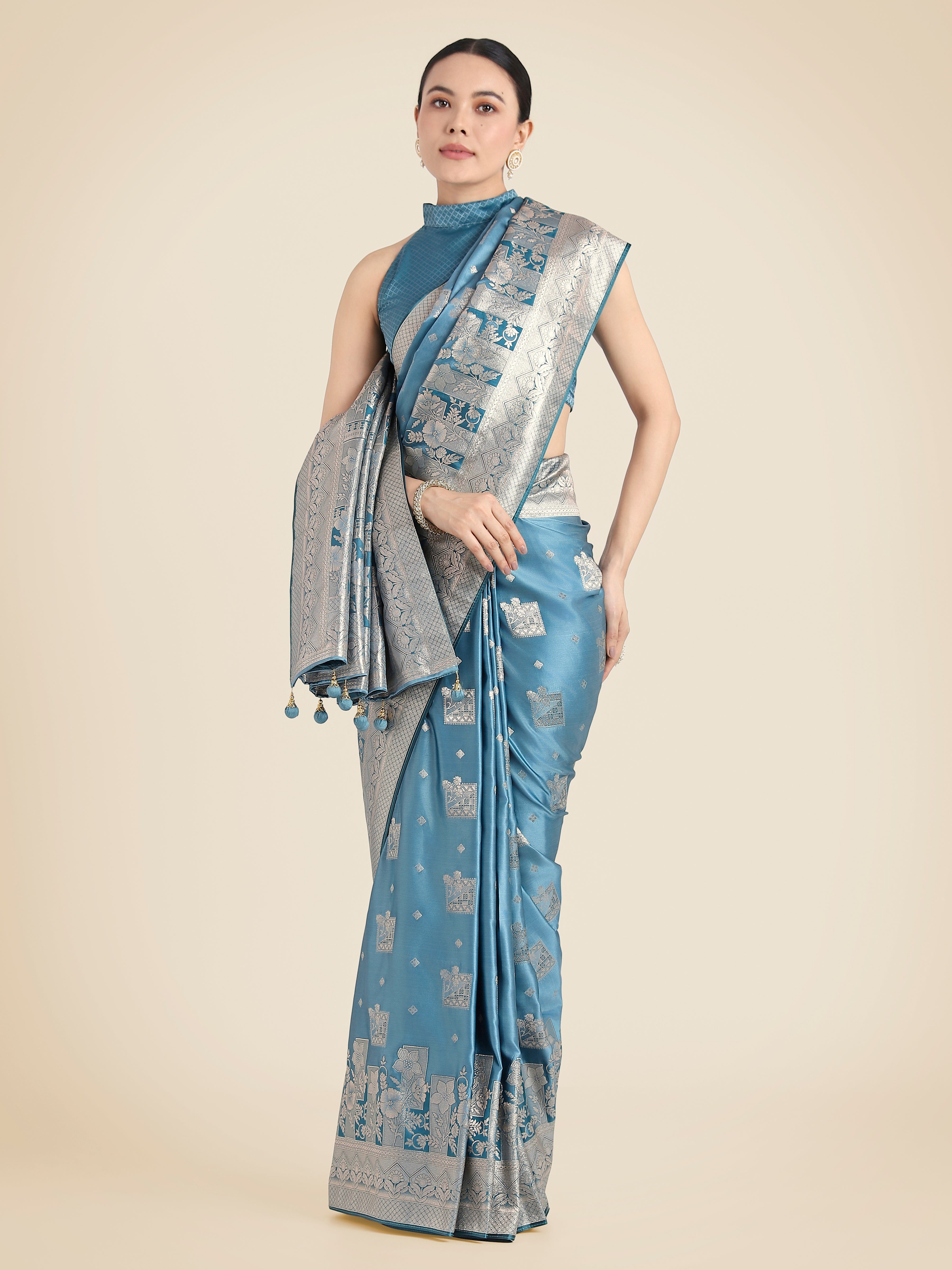 Cyan blue Banarasi Satin Silk Zari Weaving Festival Wear Saree