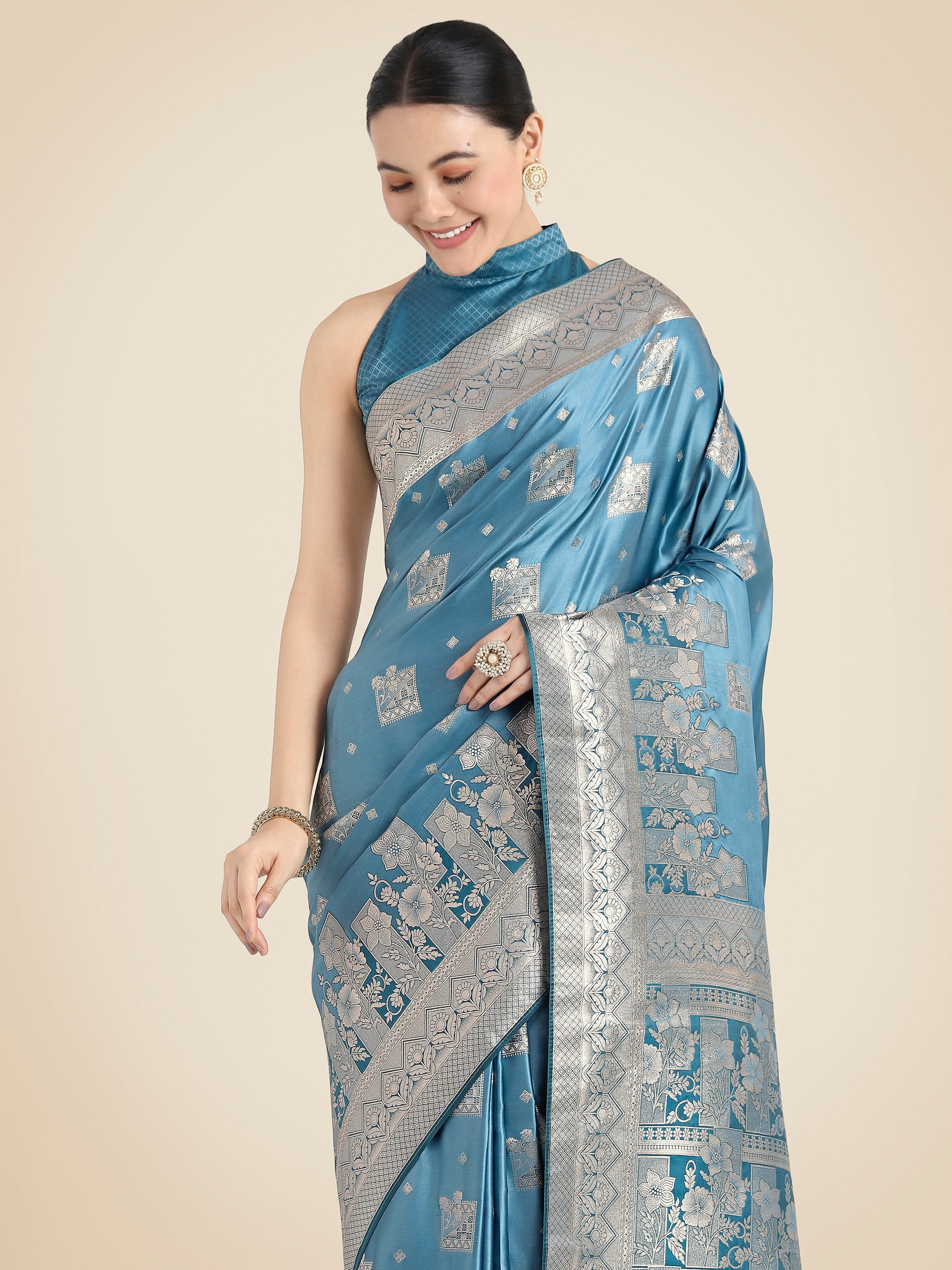Cyan blue Banarasi Satin Silk Zari Weaving Festival Wear Saree
