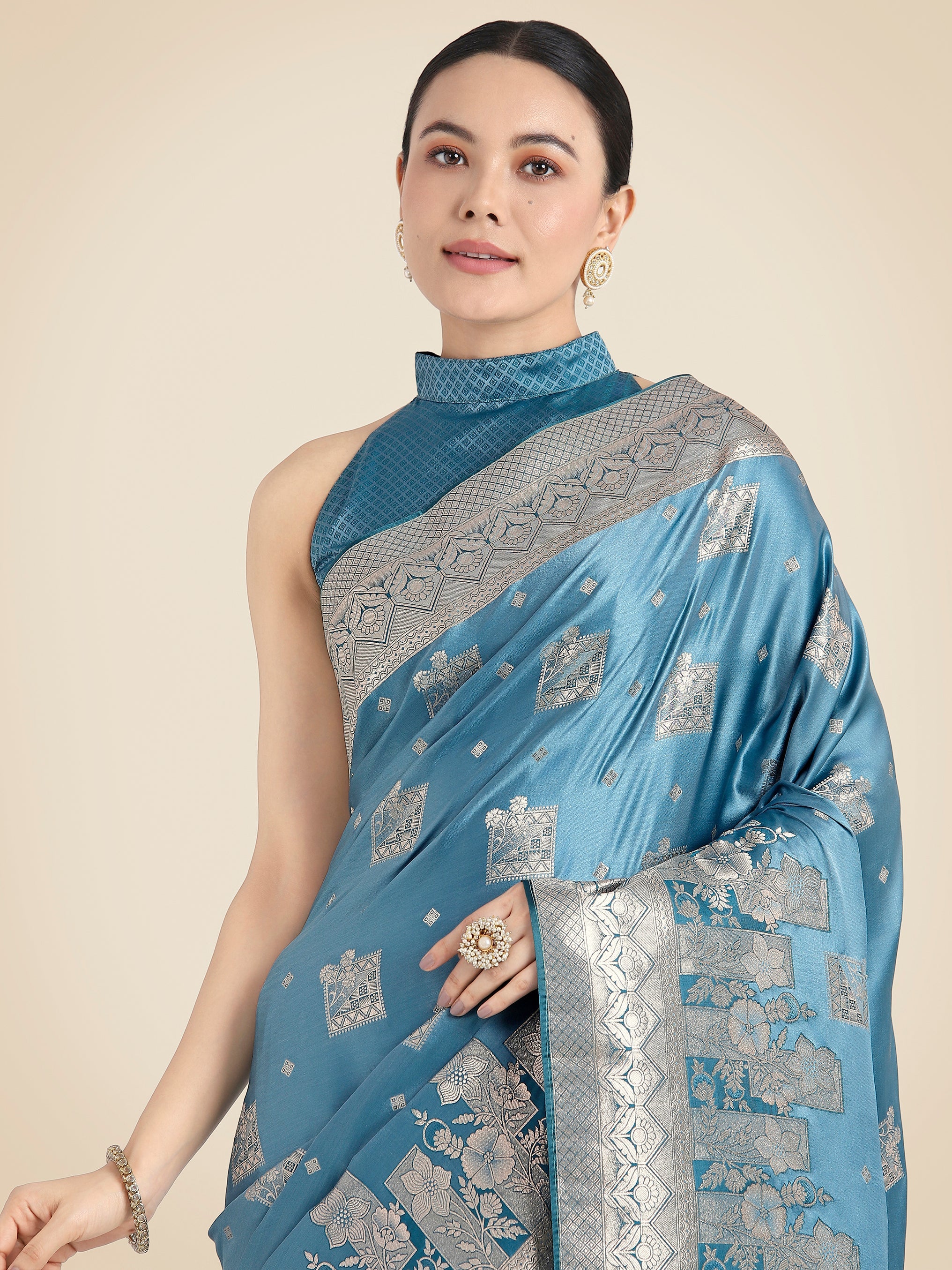 Cyan blue Banarasi Satin Silk Zari Weaving Festival Wear Saree