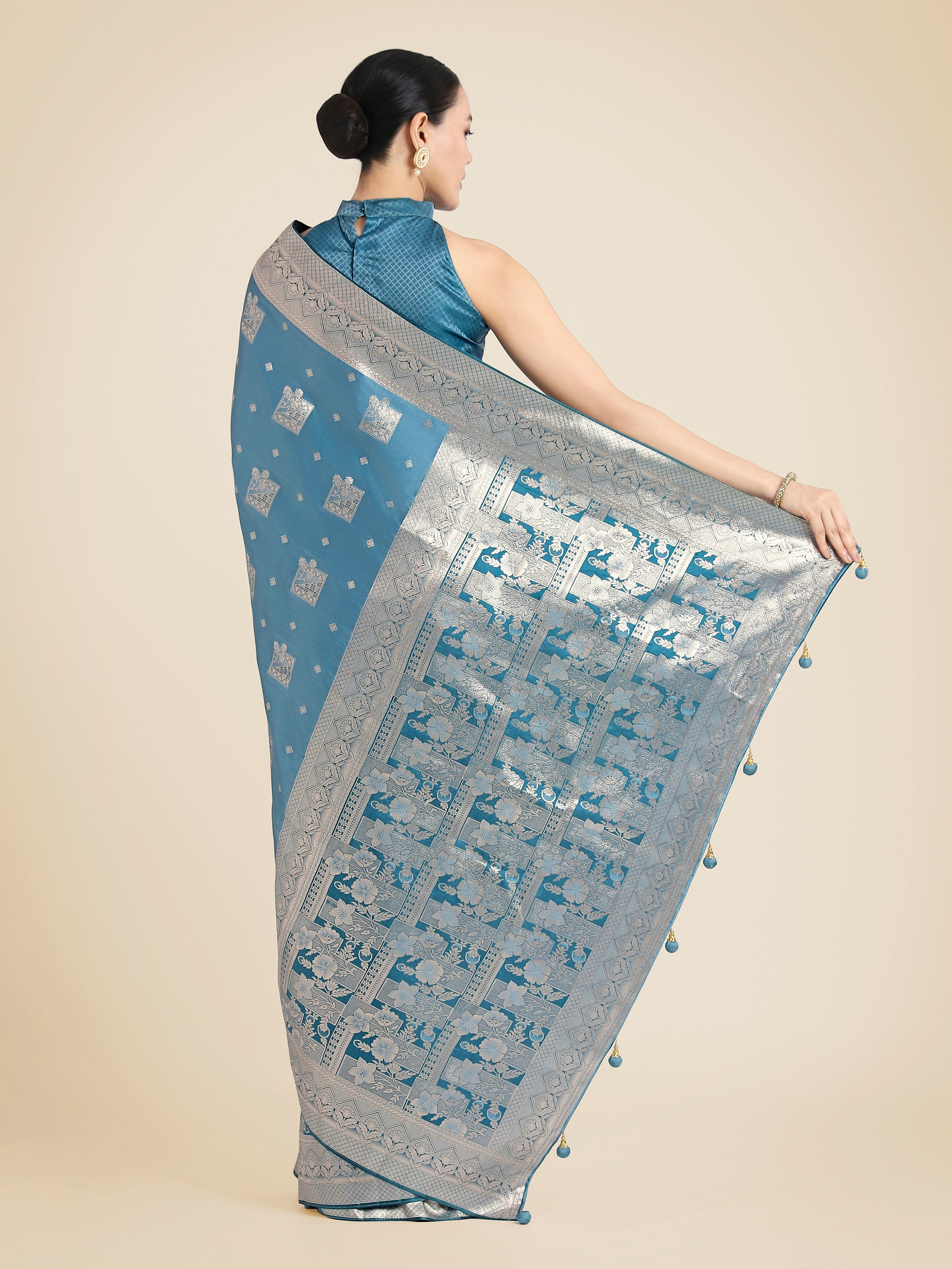 Cyan blue Banarasi Satin Silk Zari Weaving Festival Wear Saree