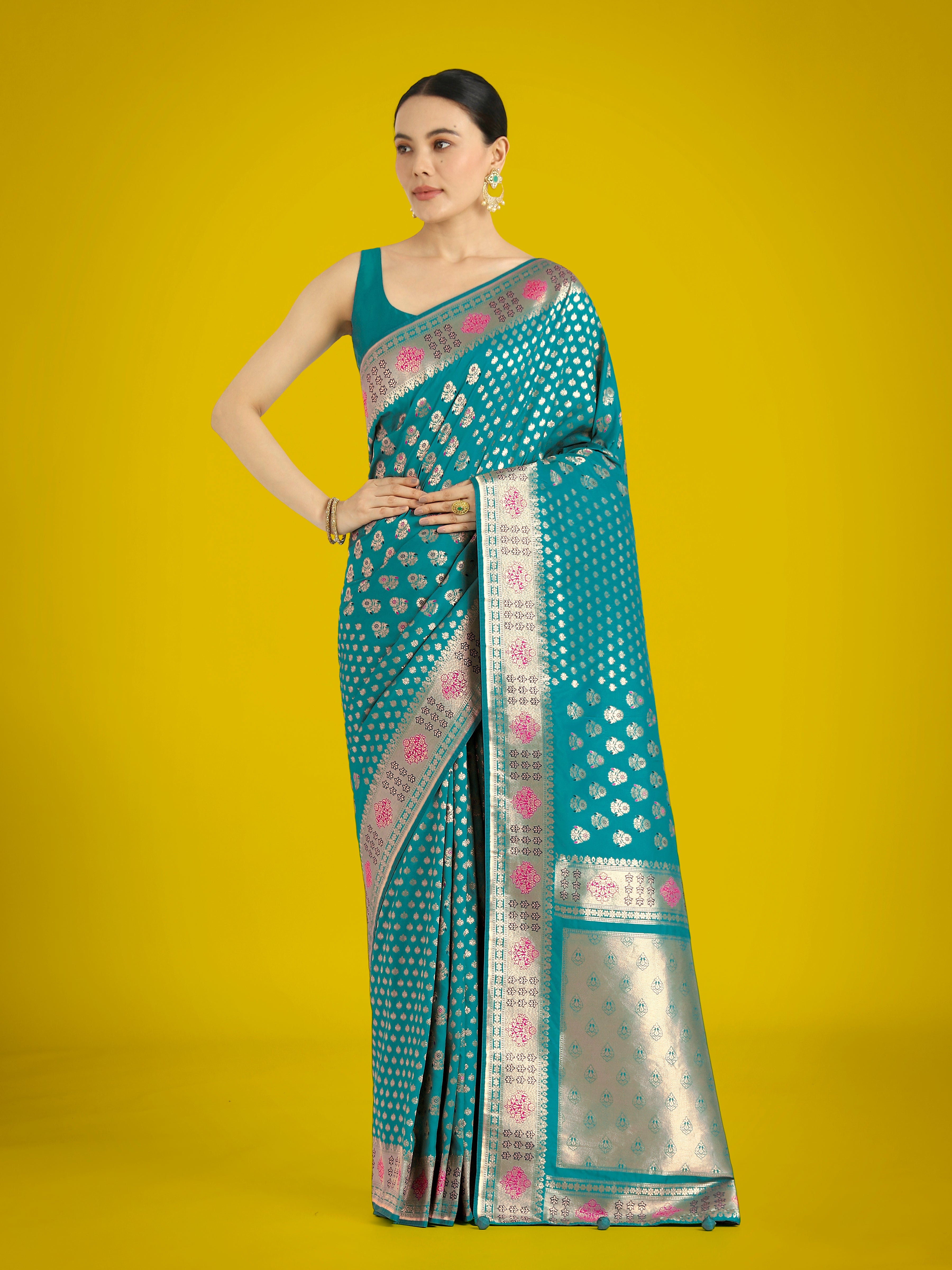 Cyan blue Colour Banarasi Silk Zari Weaving Classic Saree