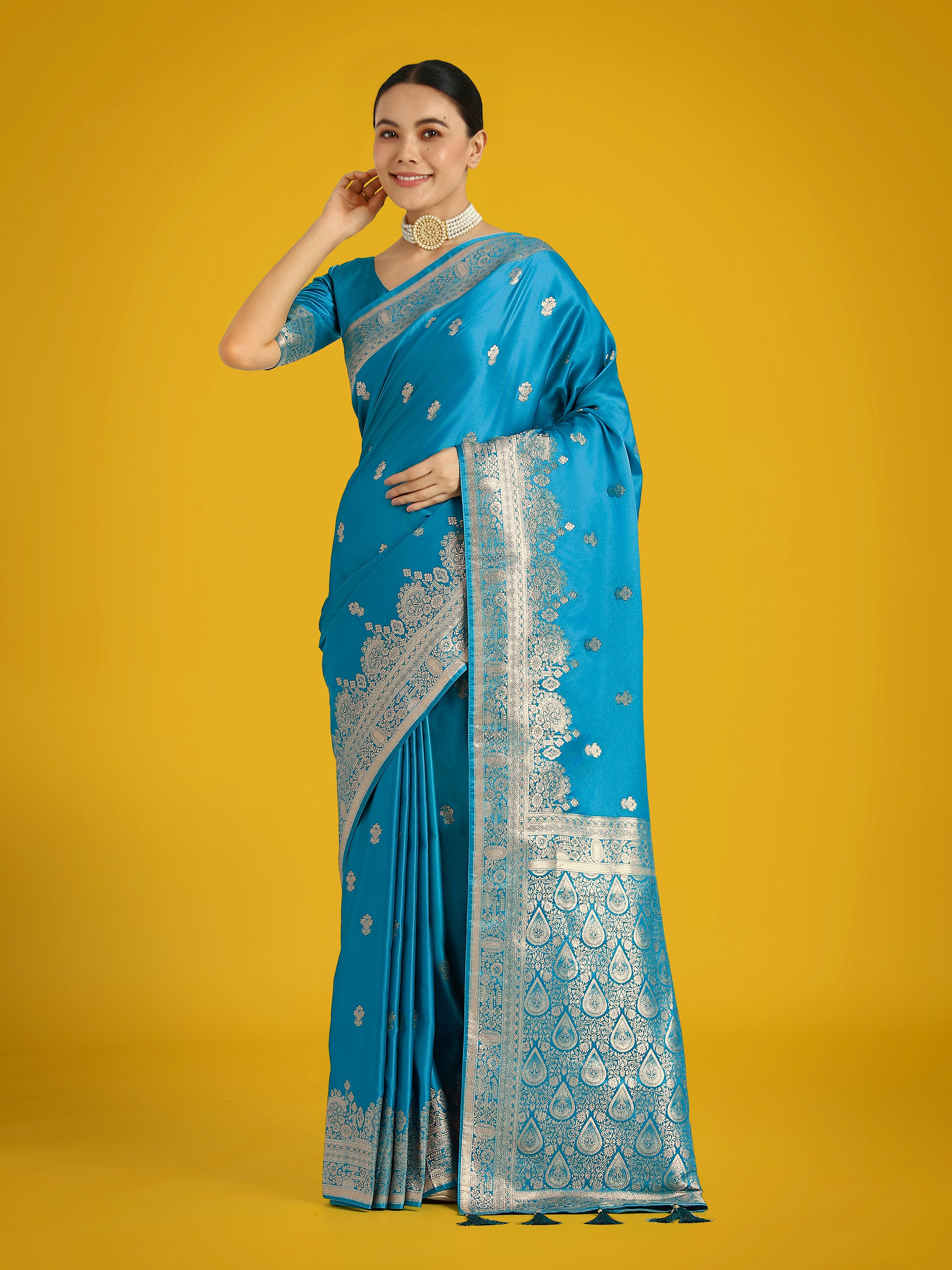 Cyan blue With Gold Bordar Banarasi Woven Satin Saree