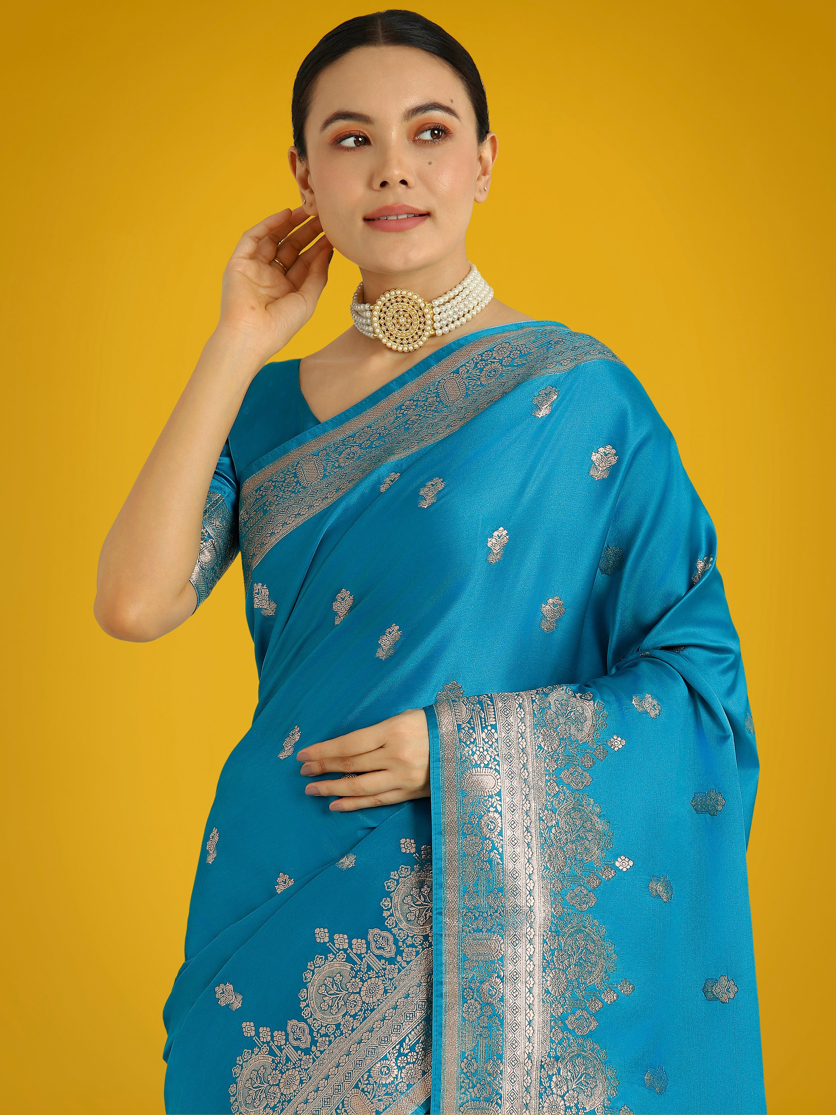 Cyan blue With Gold Bordar Banarasi Woven Satin Saree