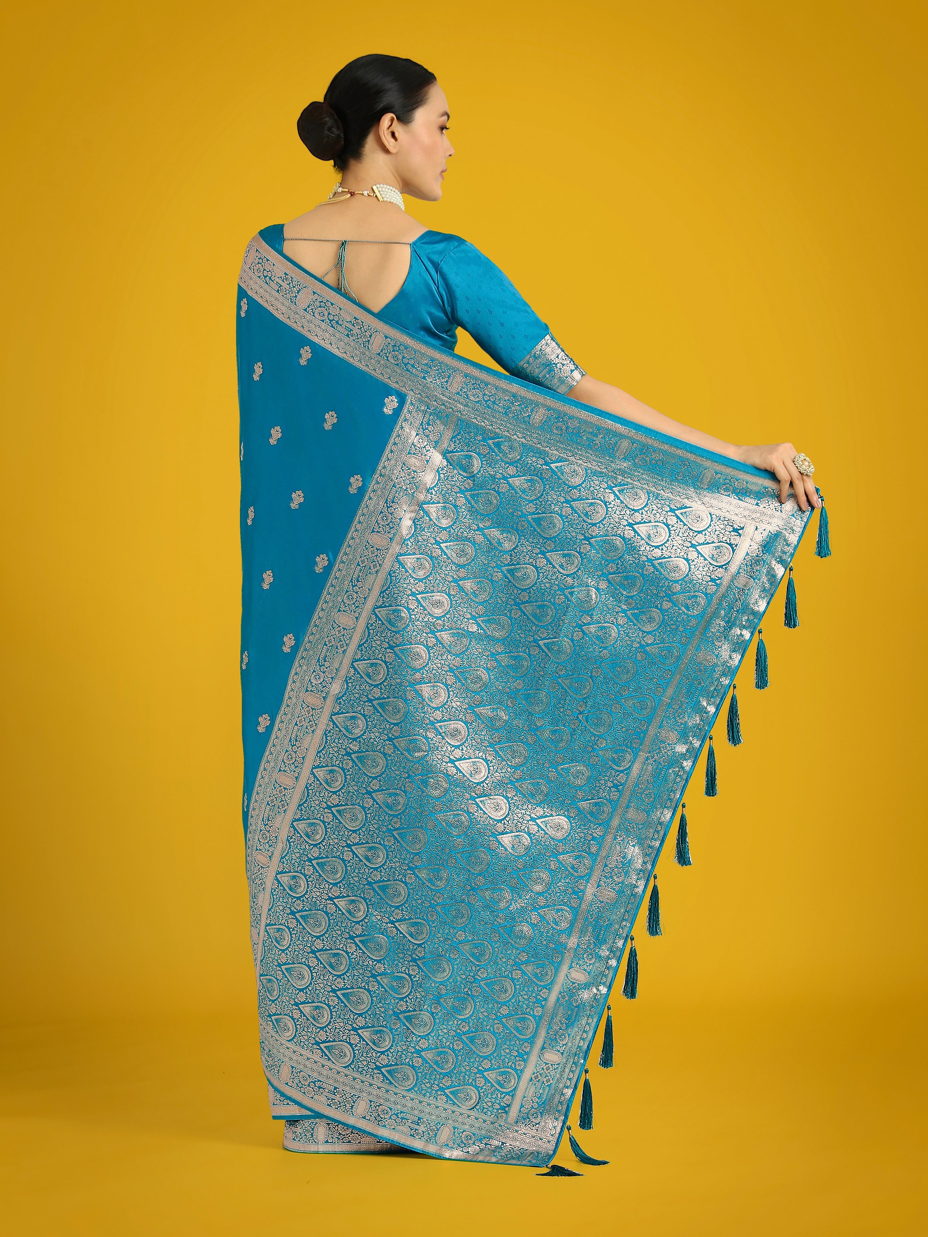 Cyan blue With Gold Bordar Banarasi Woven Satin Saree