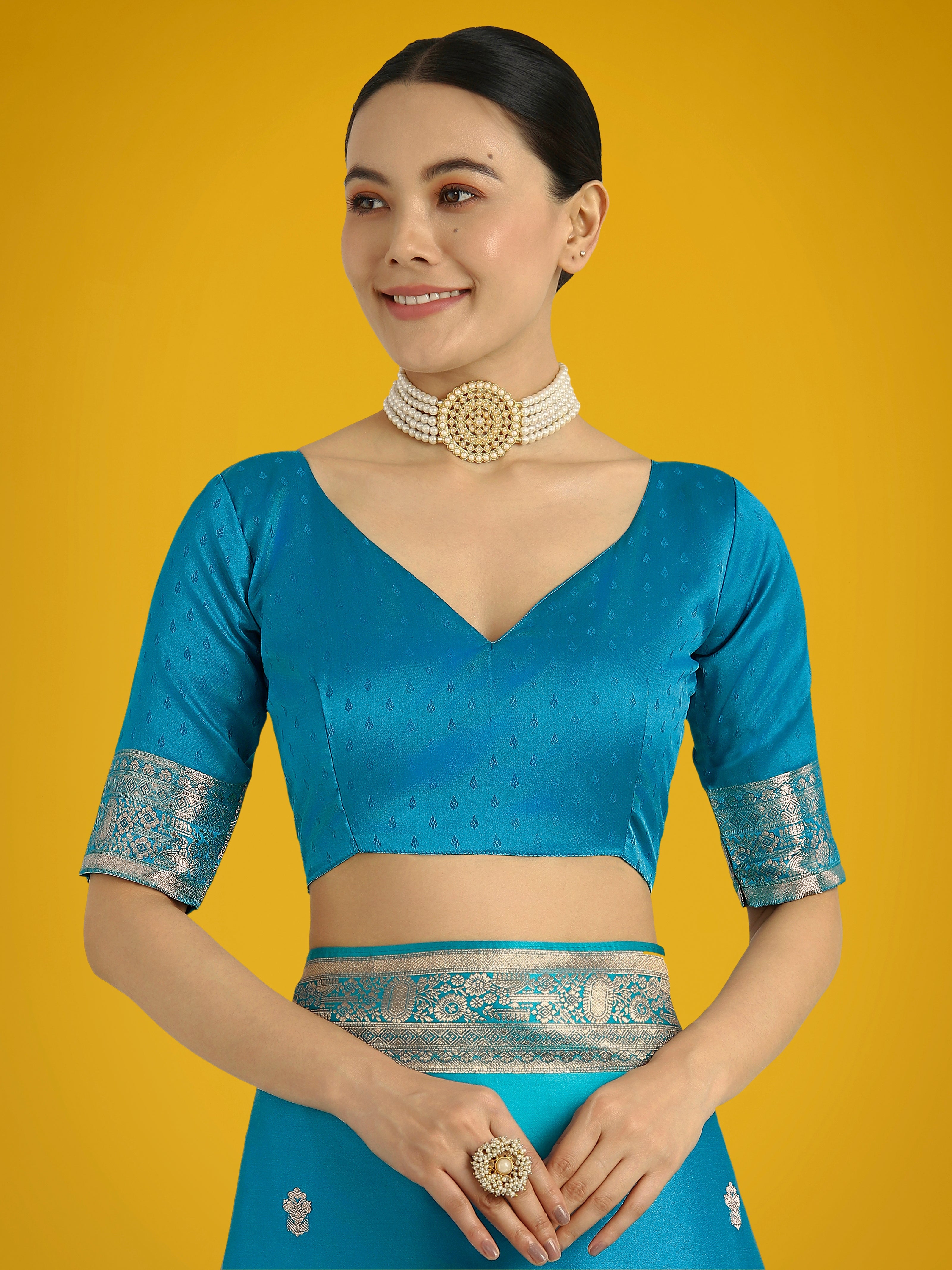 Cyan blue With Gold Bordar Banarasi Woven Satin Saree