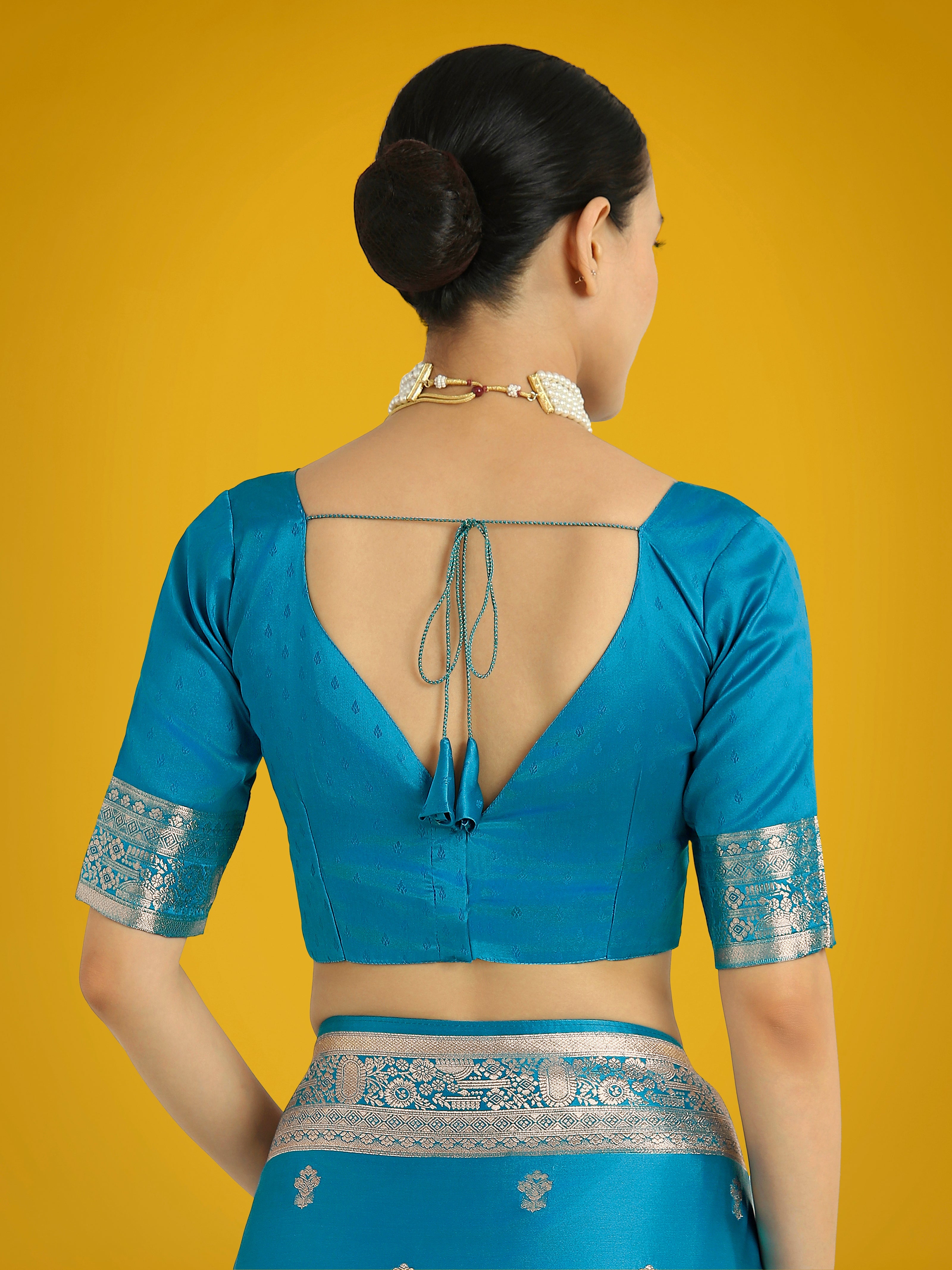 Cyan blue With Gold Bordar Banarasi Woven Satin Saree