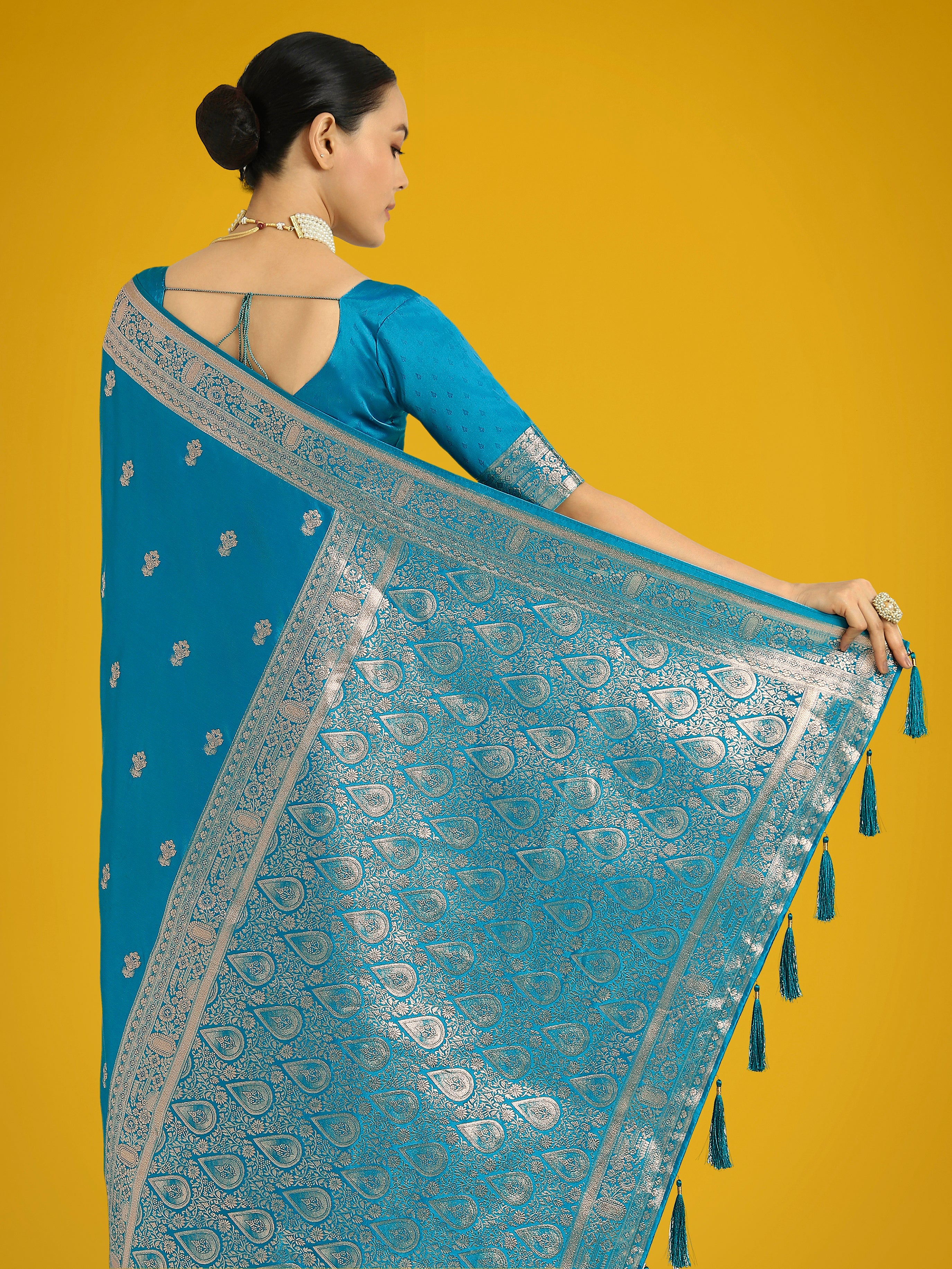 Cyan blue With Gold Bordar Banarasi Woven Satin Saree