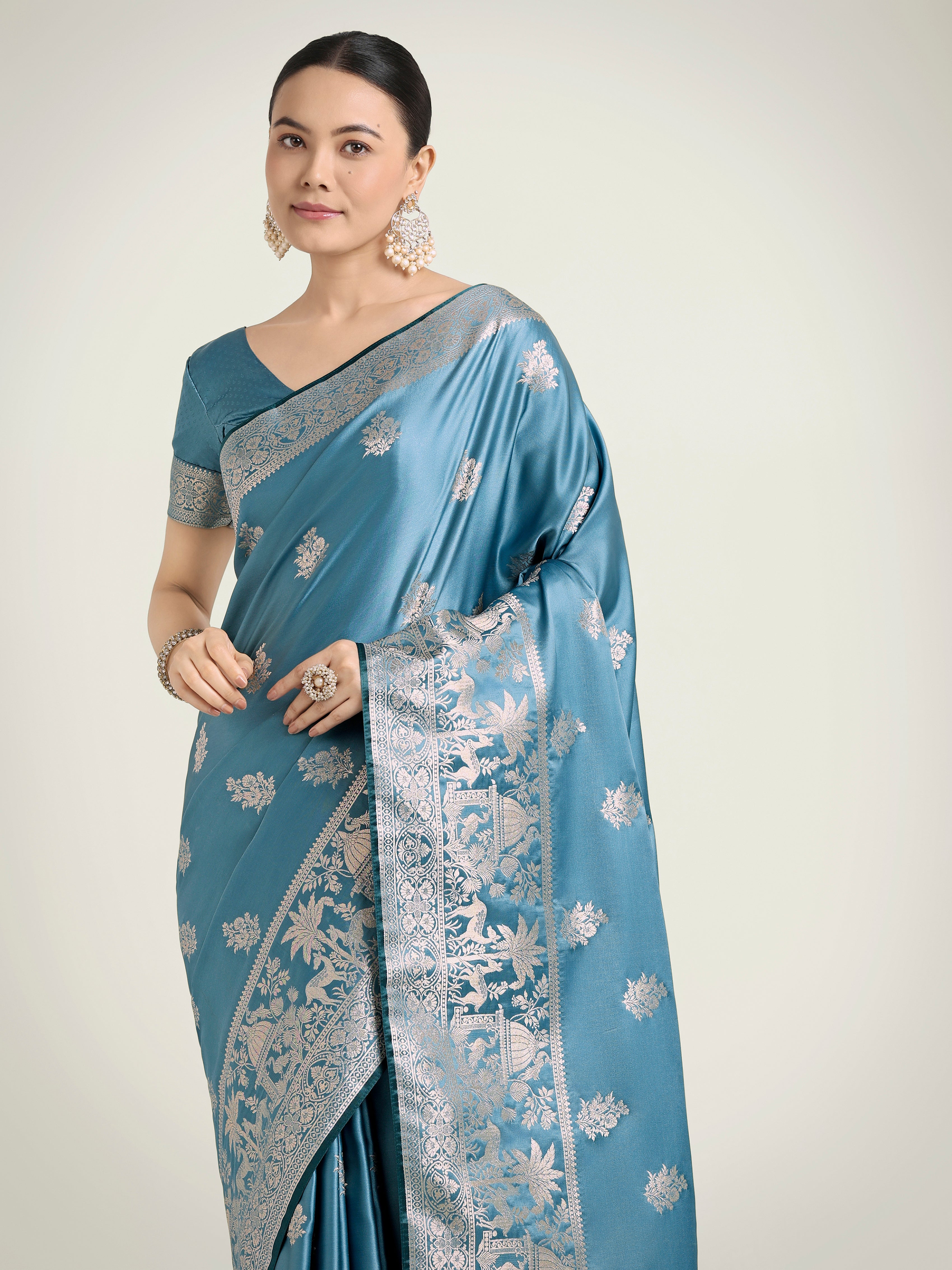 Cyan blue Zari Weaving Work Banarasi Satin Silk Traditional Saree