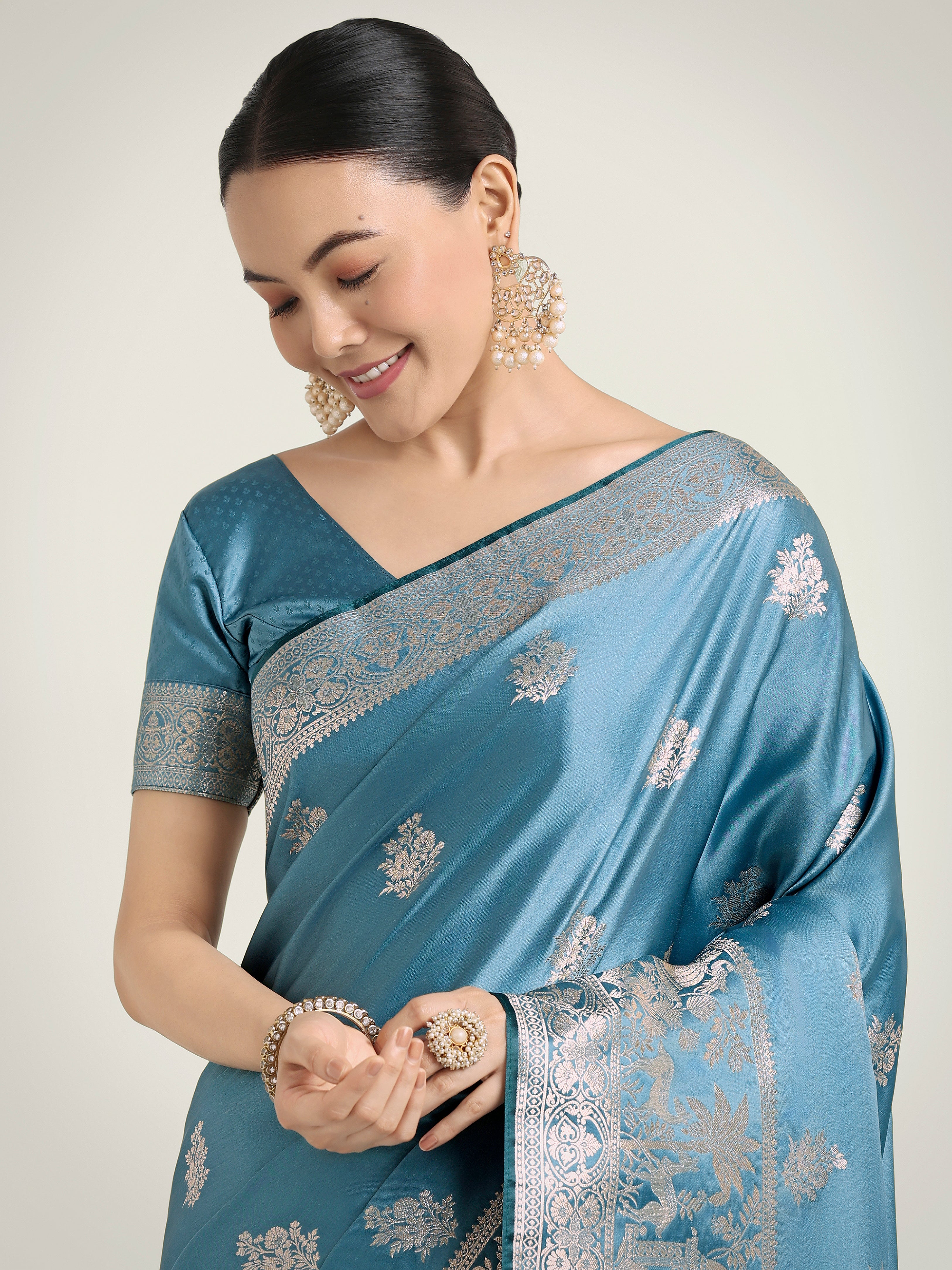 Cyan blue Zari Weaving Work Banarasi Satin Silk Traditional Saree