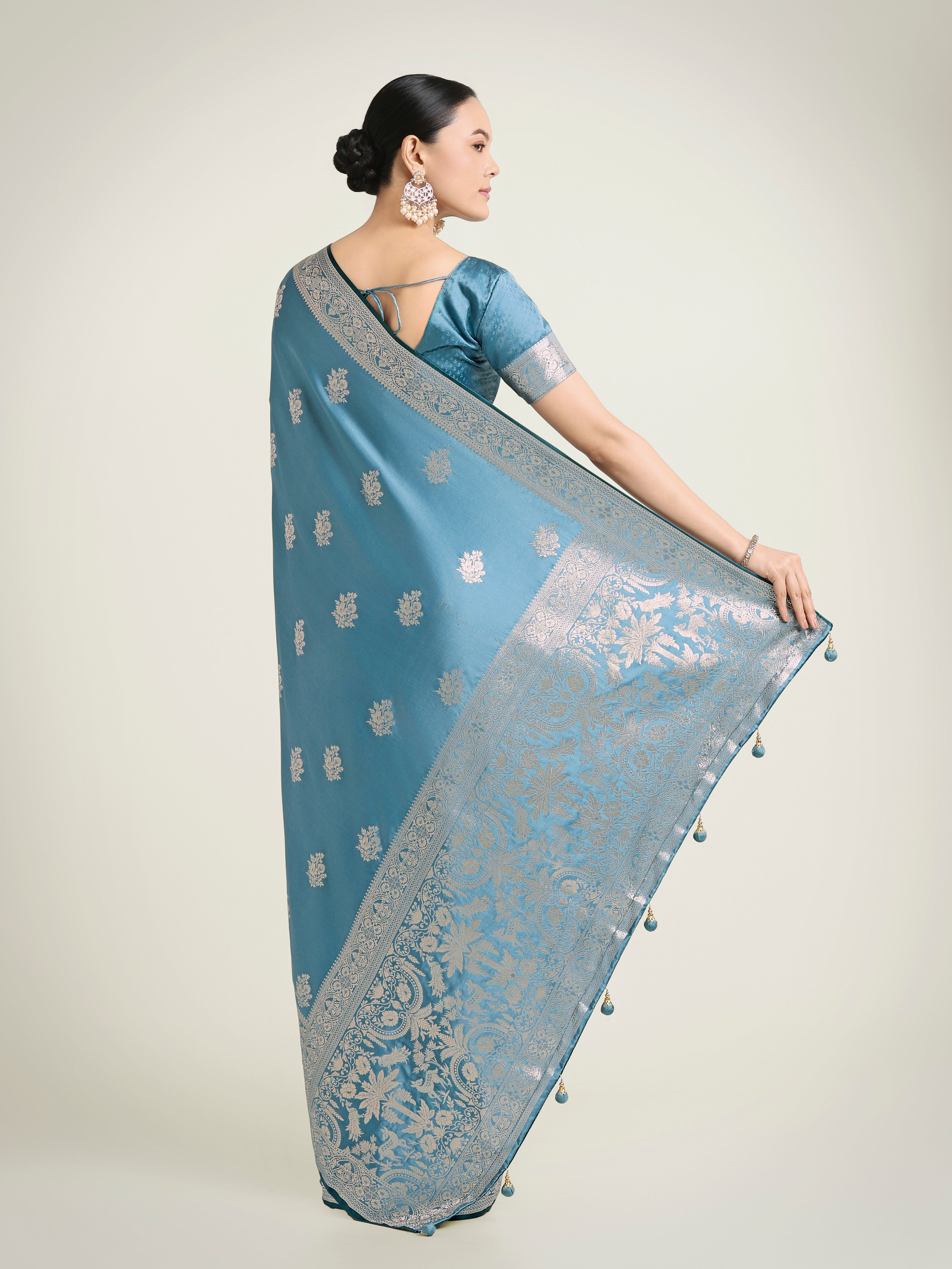 Cyan blue Zari Weaving Work Banarasi Satin Silk Traditional Saree
