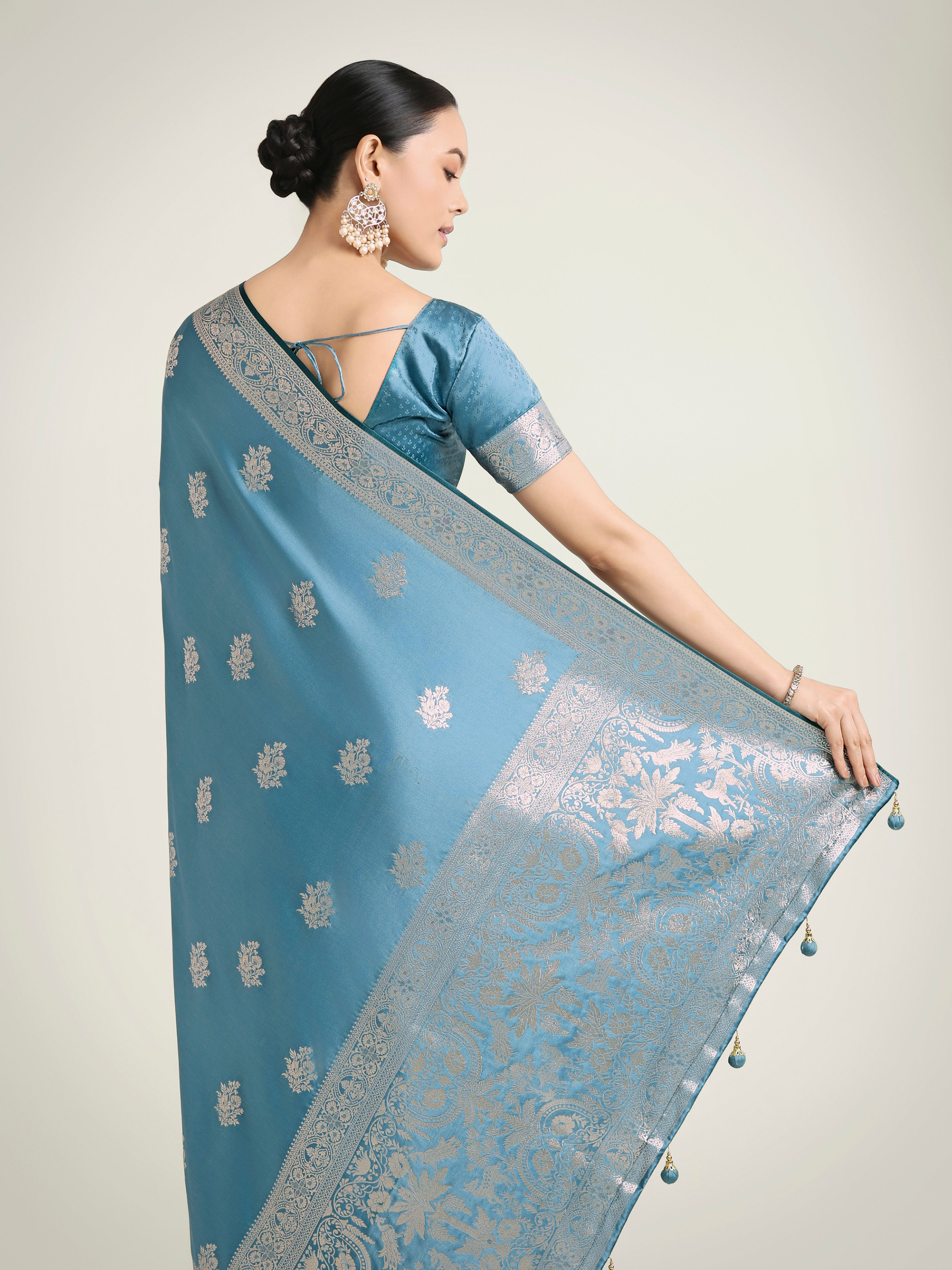 Cyan blue Zari Weaving Work Banarasi Satin Silk Traditional Saree