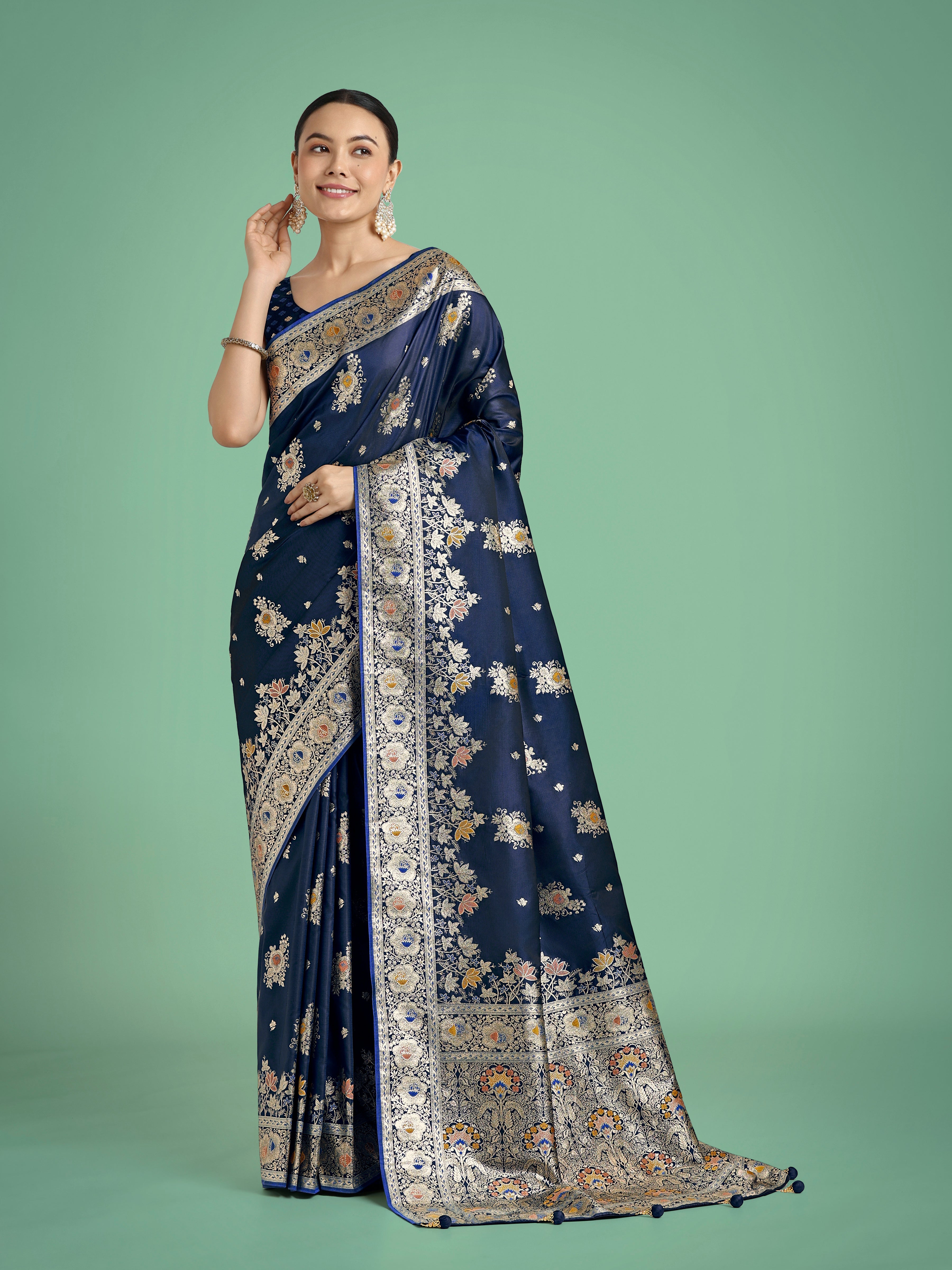 Dark blue Glamour and Tradition With This Zari Woven Banarasi Satin Silk Saree