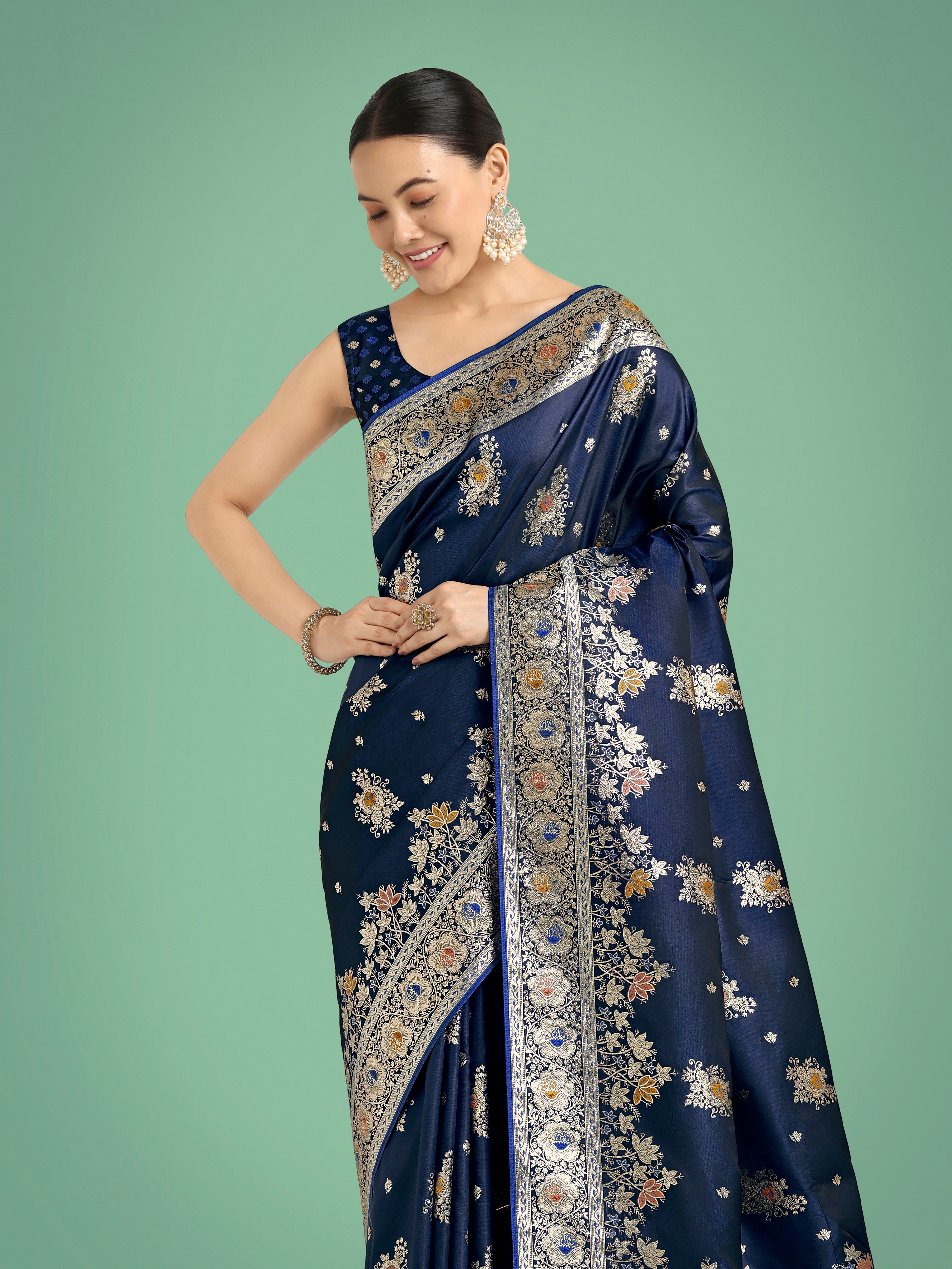 Dark blue Glamour and Tradition With This Zari Woven Banarasi Satin Silk Saree