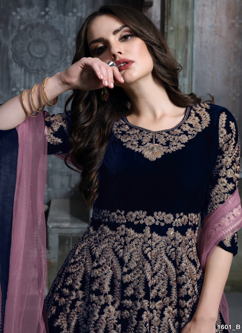 Dark Blue Velvet Heavy Work Floor Length Anarkali Suit