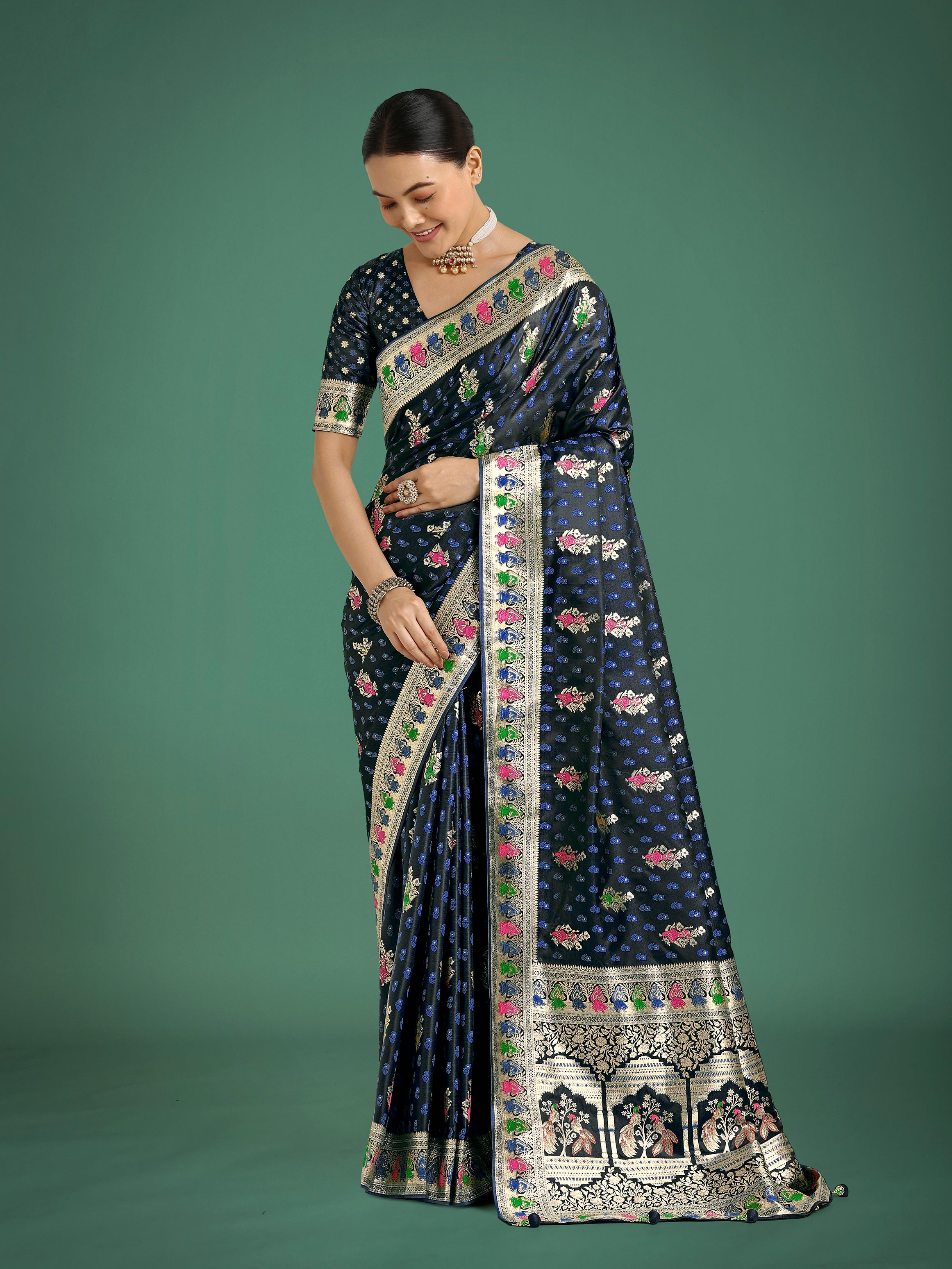 Dark Blue With Gold Bordar Banarasi Zari Woven Satin Saree
