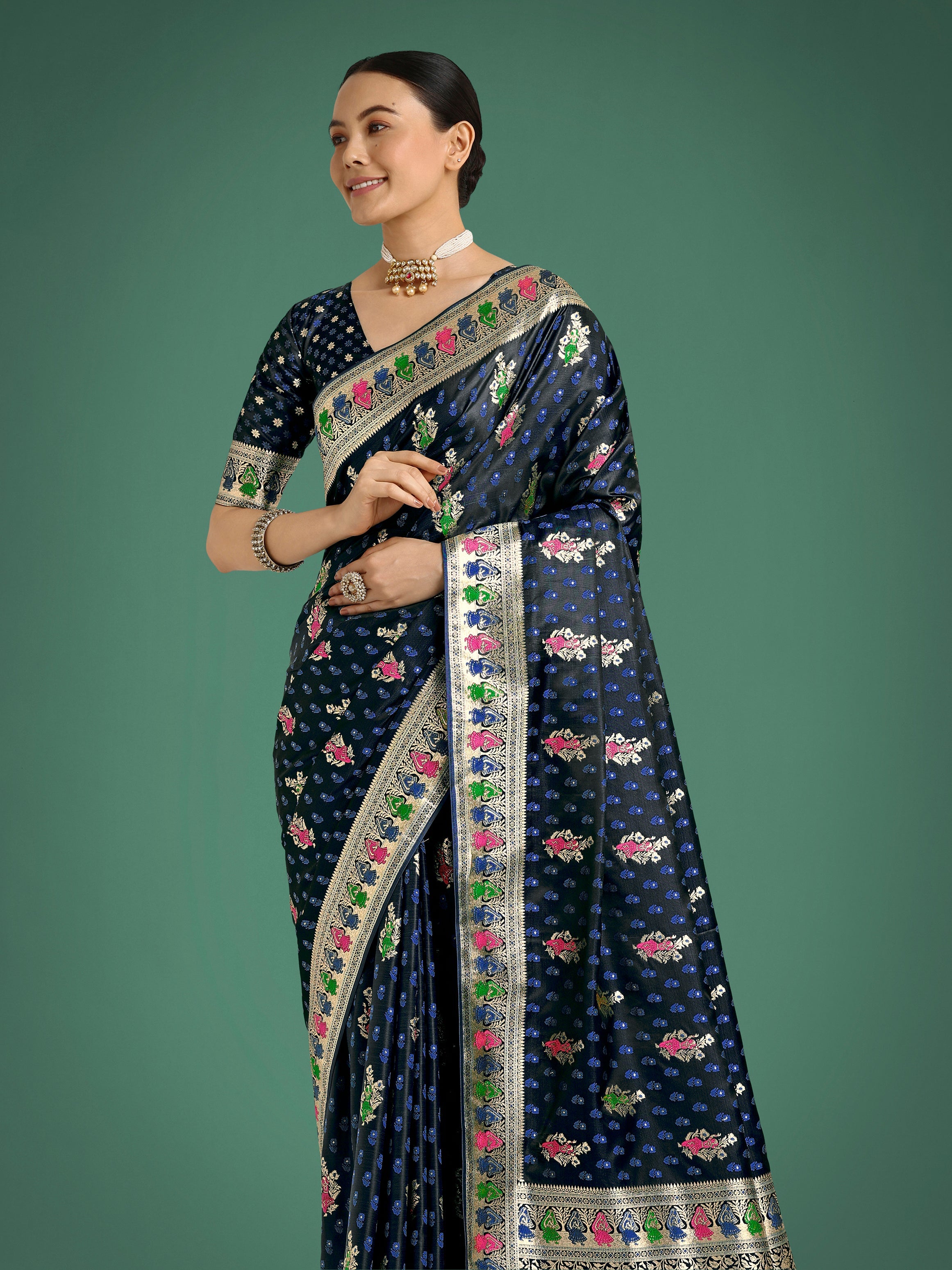 Dark Blue With Gold Bordar Banarasi Zari Woven Satin Saree