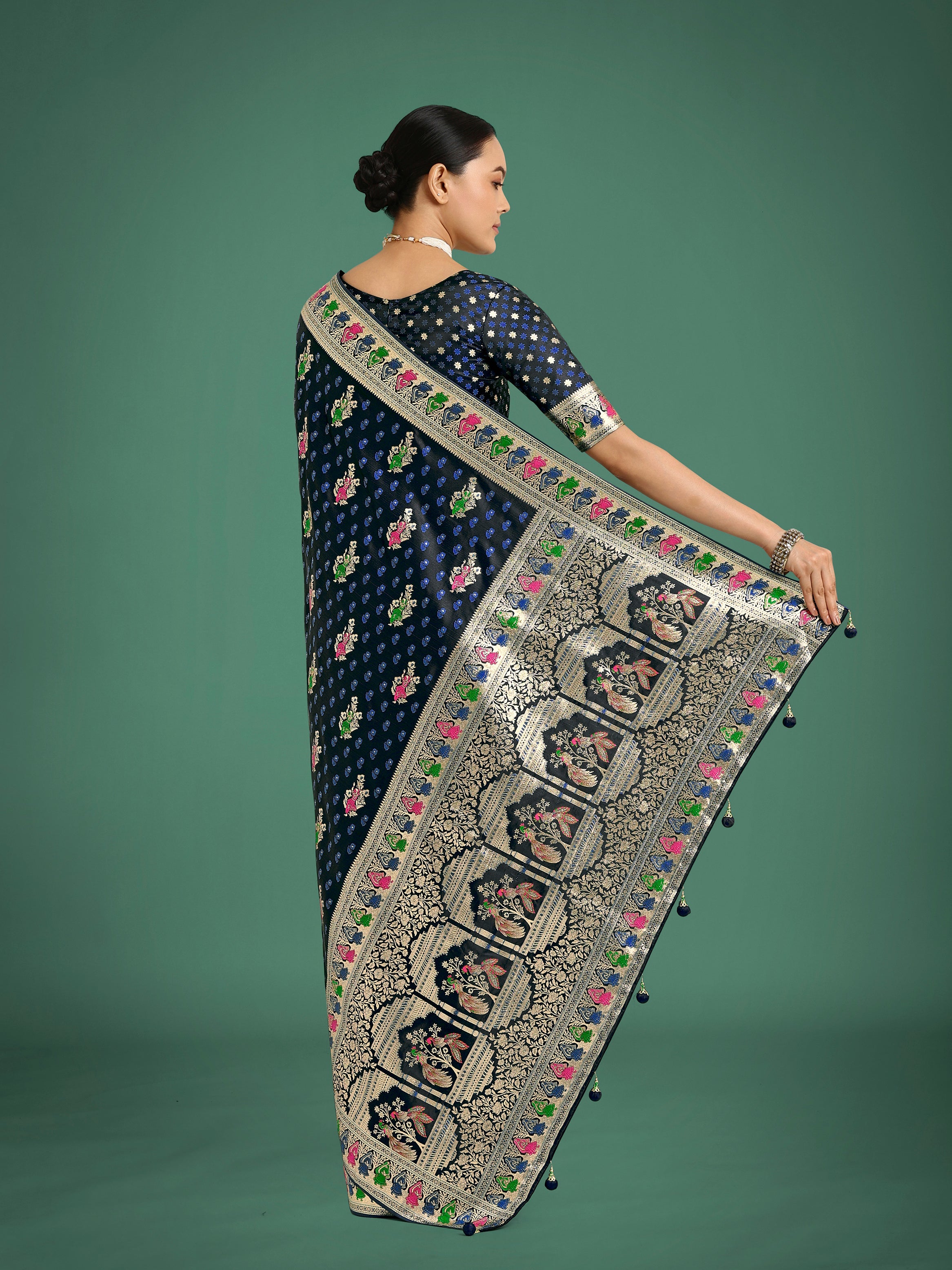Dark Blue With Gold Bordar Banarasi Zari Woven Satin Saree