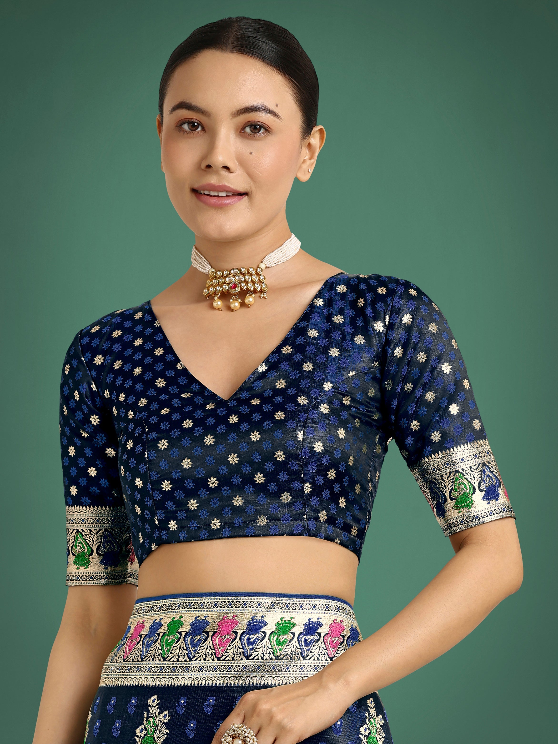 Dark Blue With Gold Bordar Banarasi Zari Woven Satin Saree