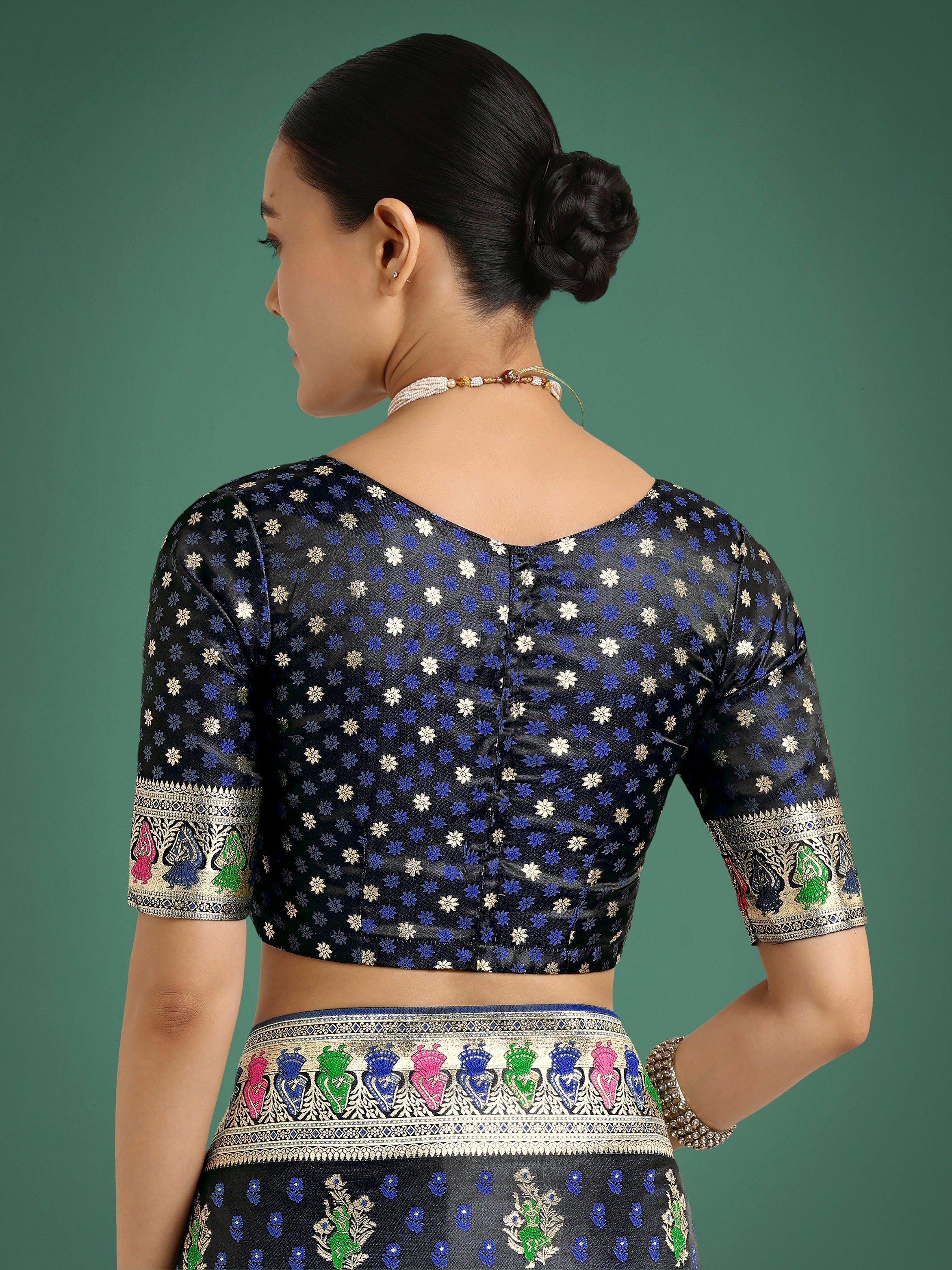 Dark Blue With Gold Bordar Banarasi Zari Woven Satin Saree