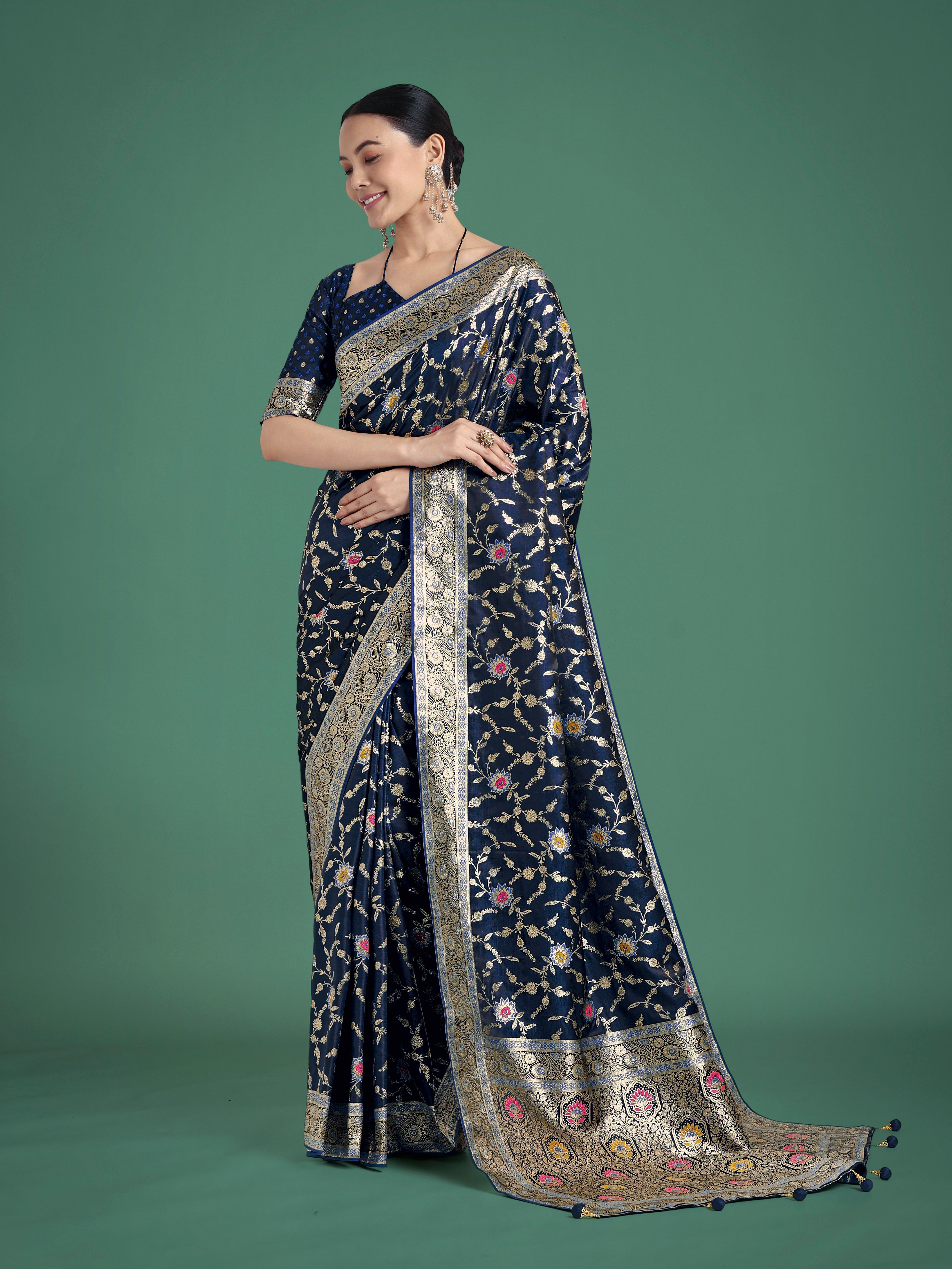 Dark Blue Zari Woven Banarasi Classic Satin Silk Saree