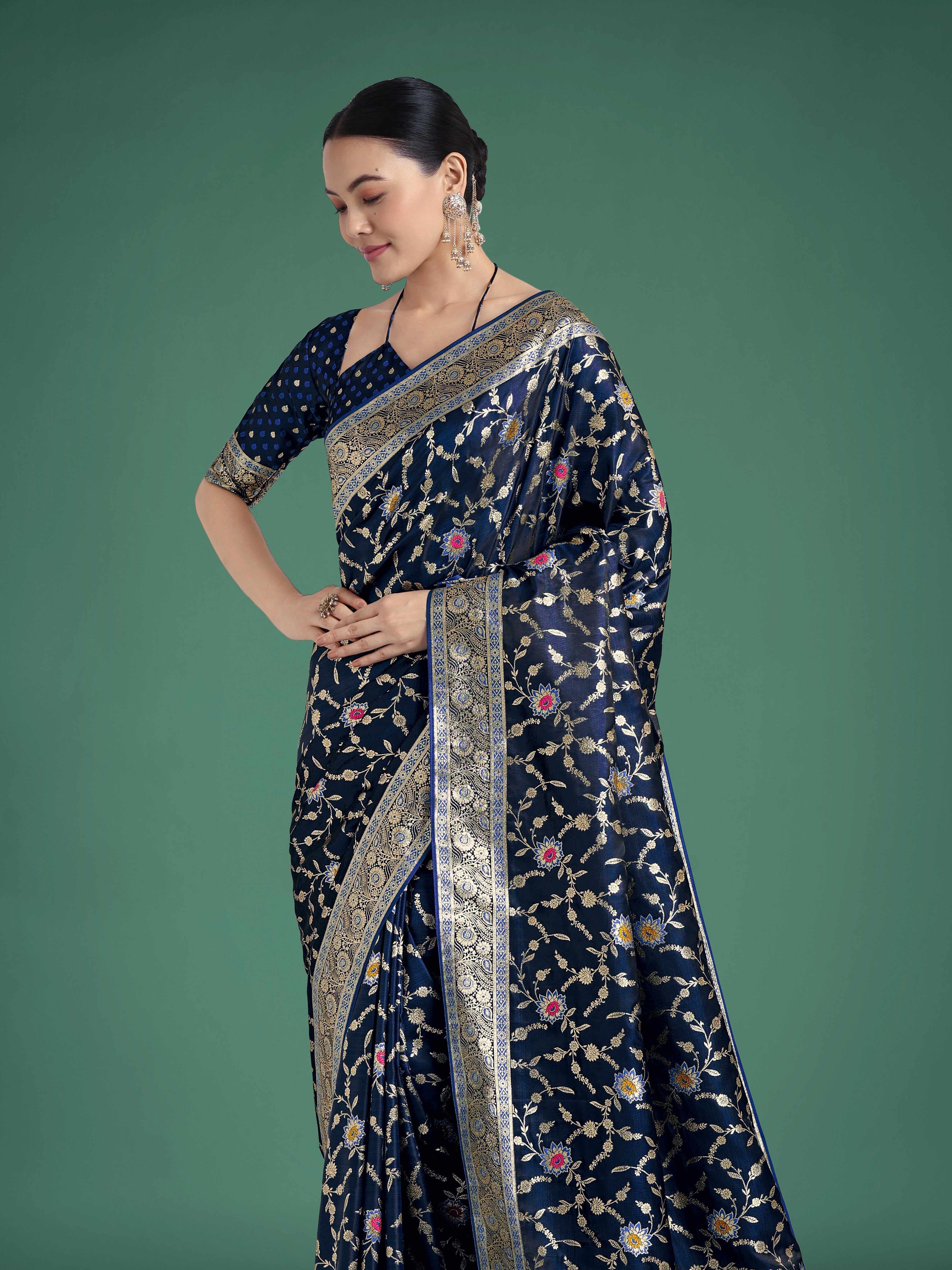 Dark Blue Zari Woven Banarasi Classic Satin Silk Saree