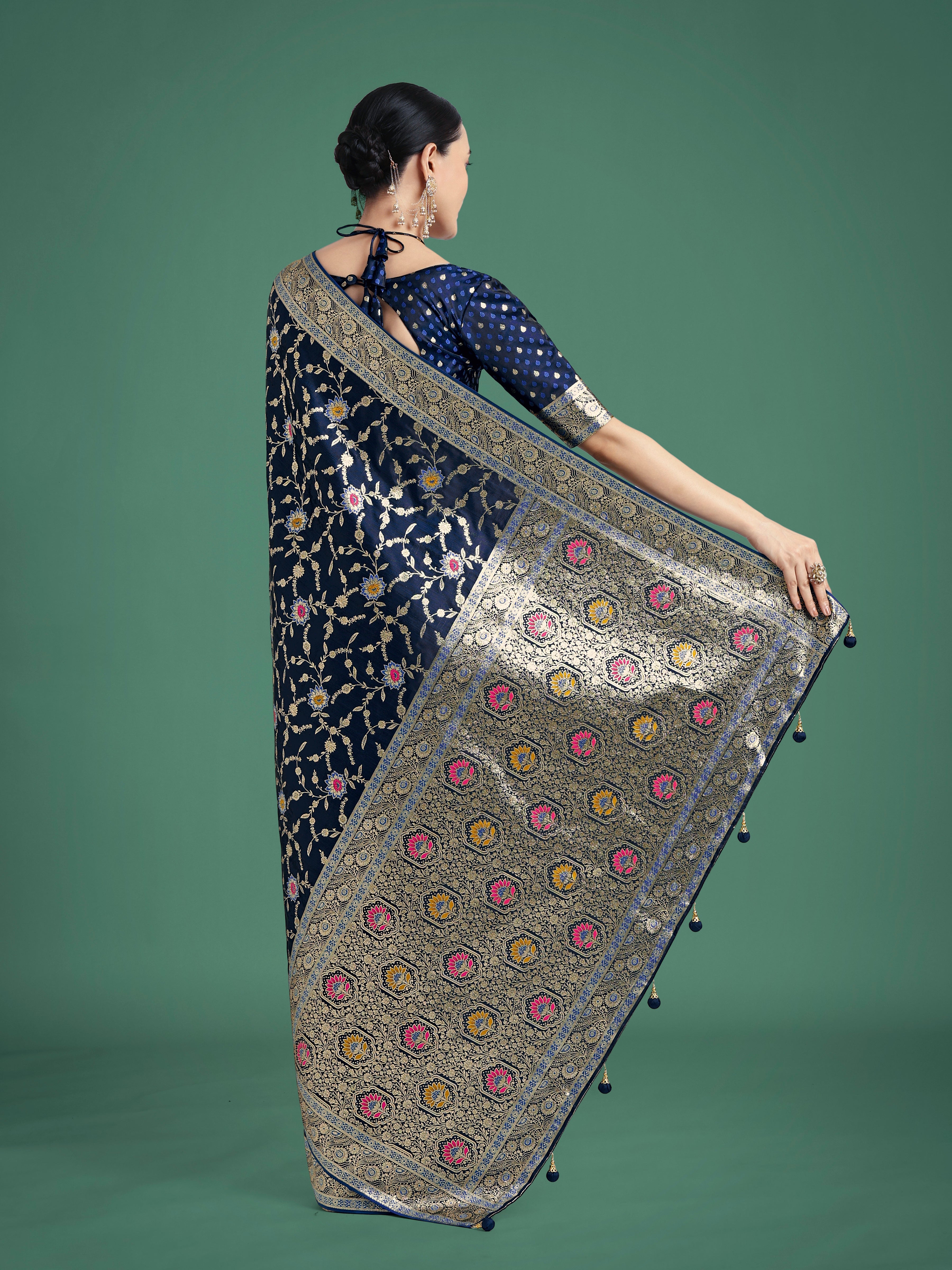 Dark Blue Zari Woven Banarasi Classic Satin Silk Saree