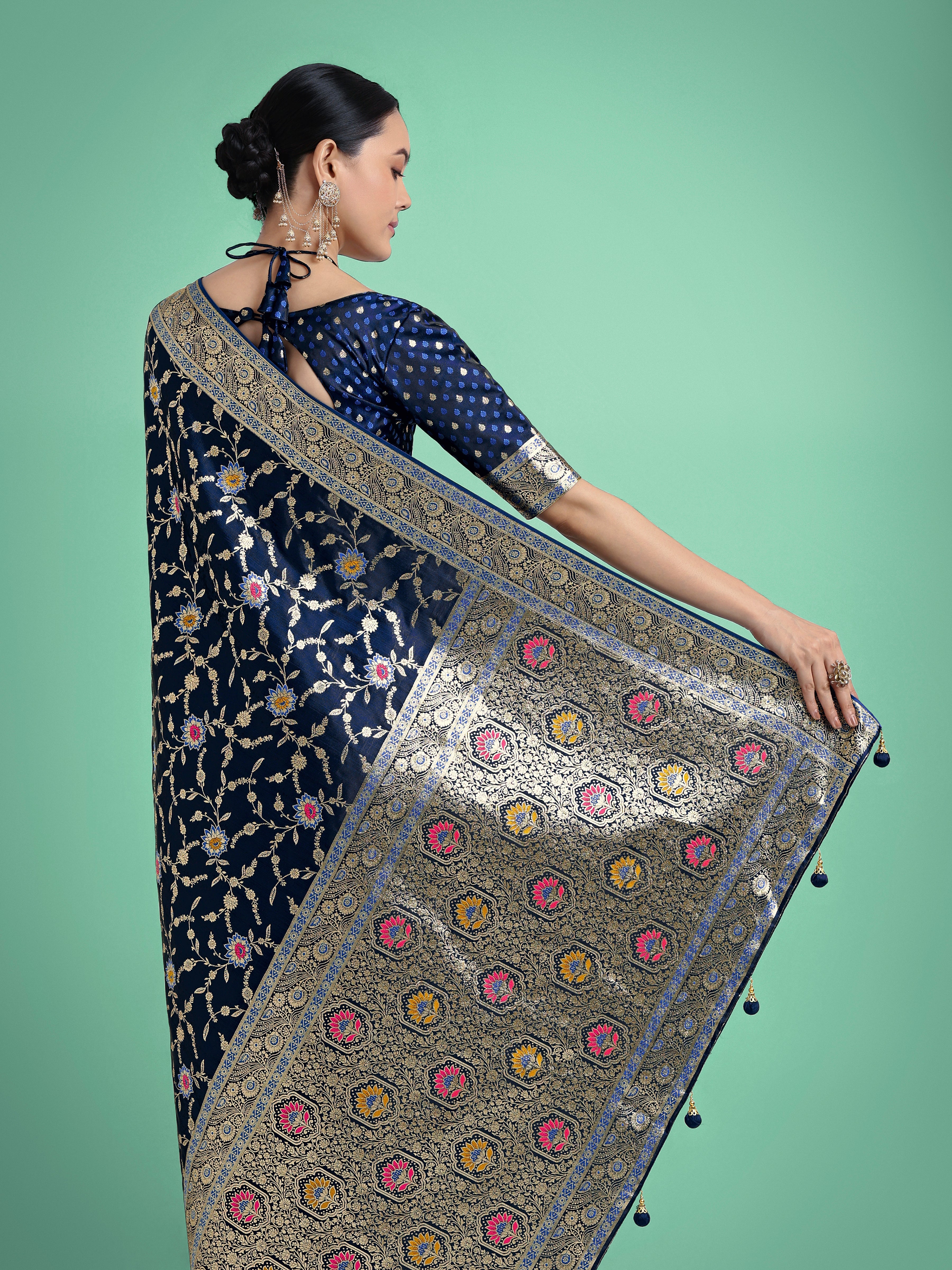 Dark Blue Zari Woven Banarasi Classic Satin Silk Saree