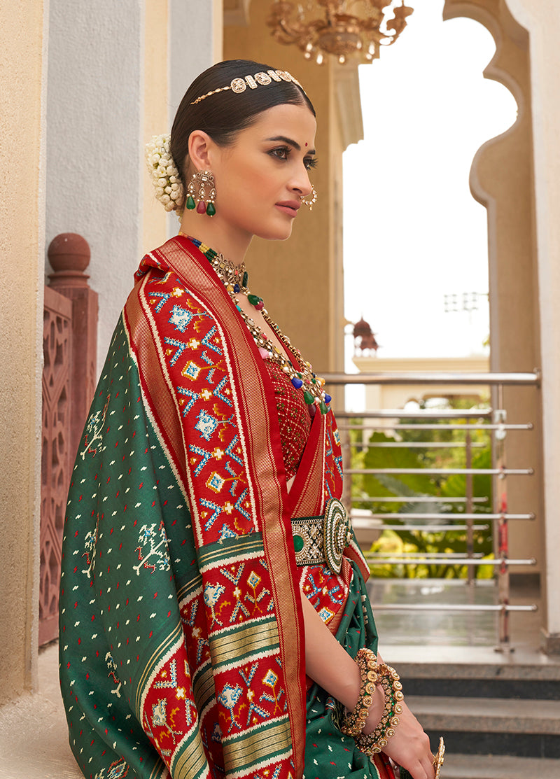 Dark Green And Red Silk Patola print Work saree