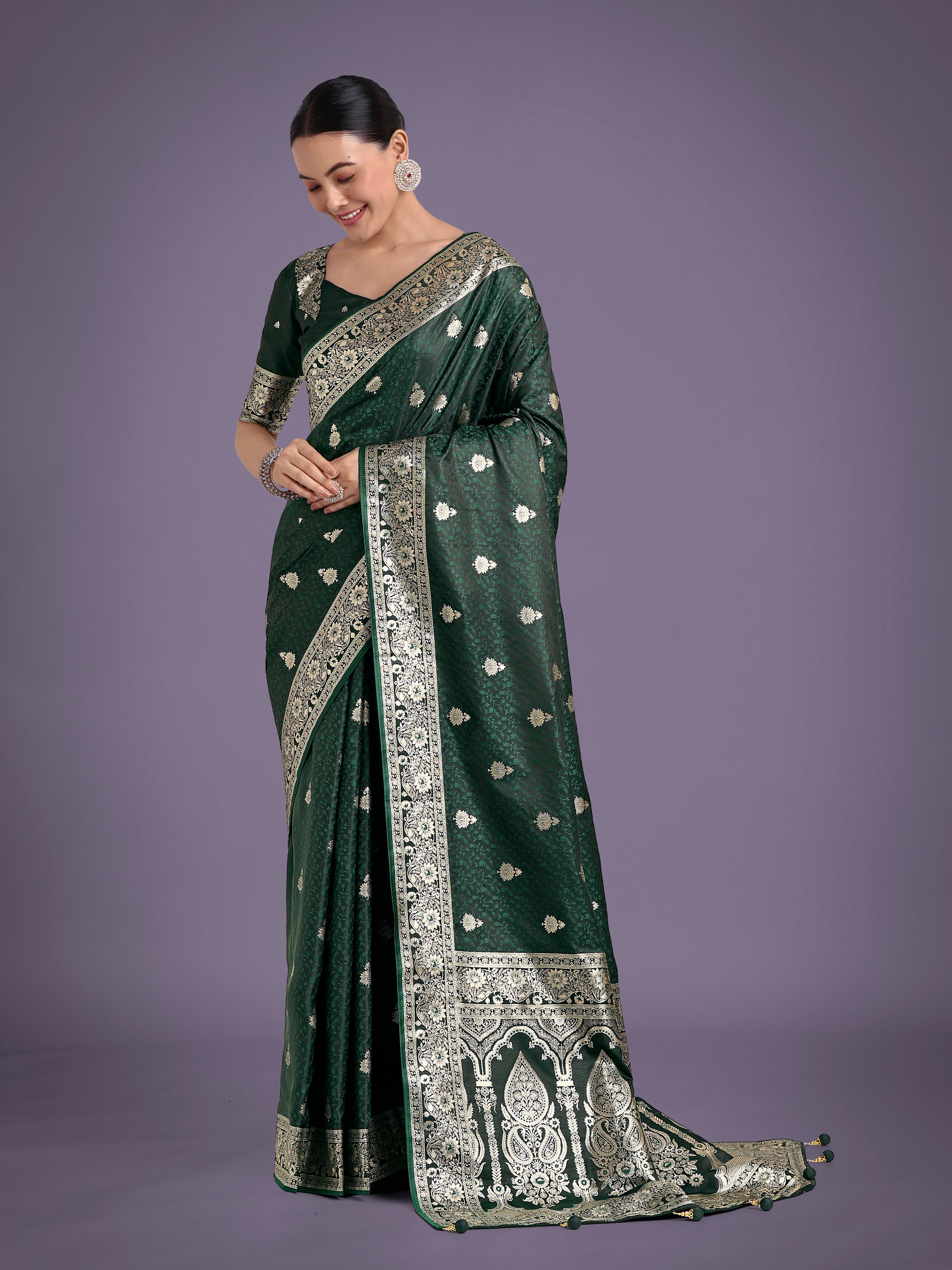 Dark Green Banarasi Satin Silk Saree with Intricate Zari Woven Work