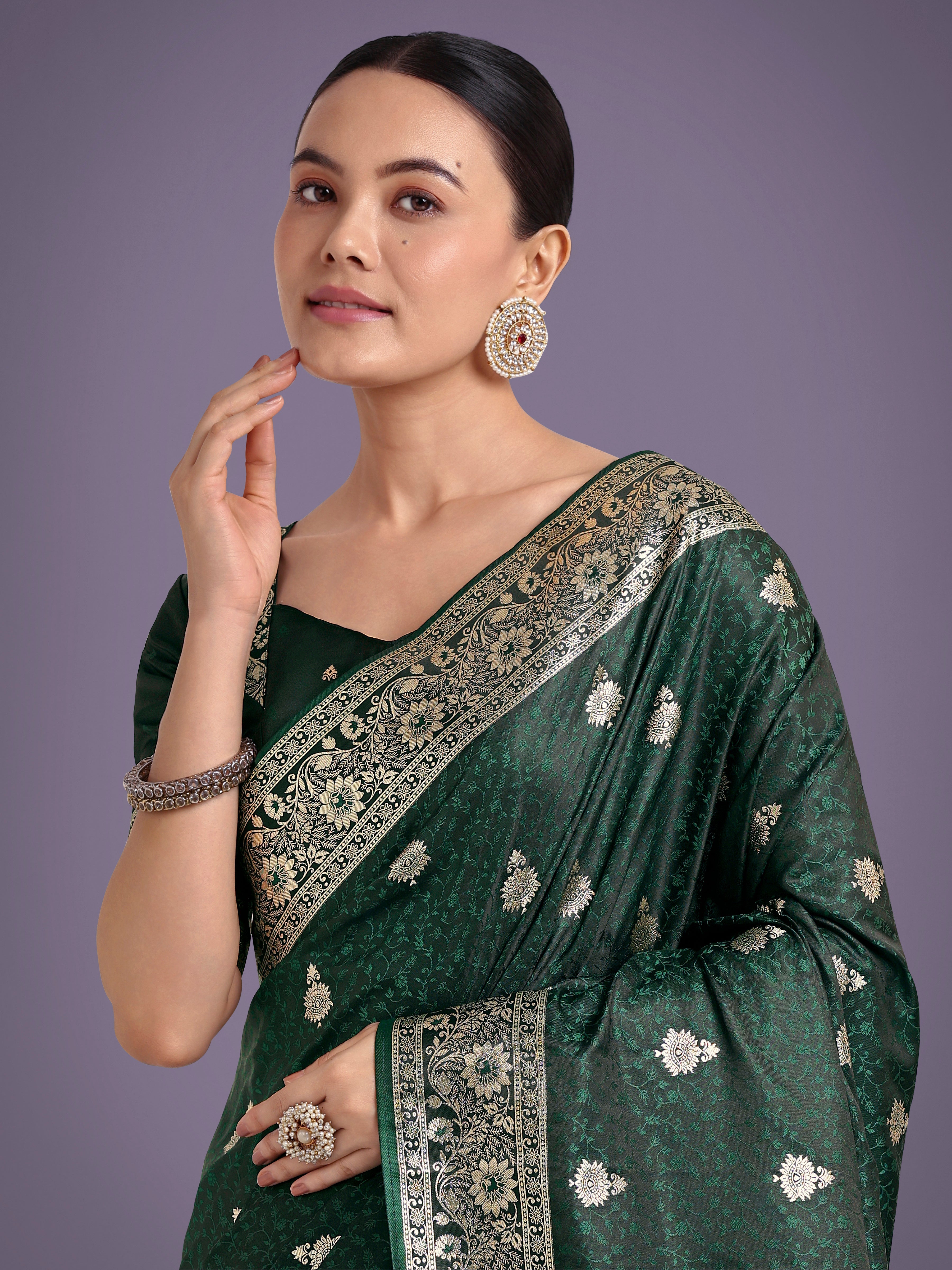 Dark Green Banarasi Satin Silk Saree with Intricate Zari Woven Work
