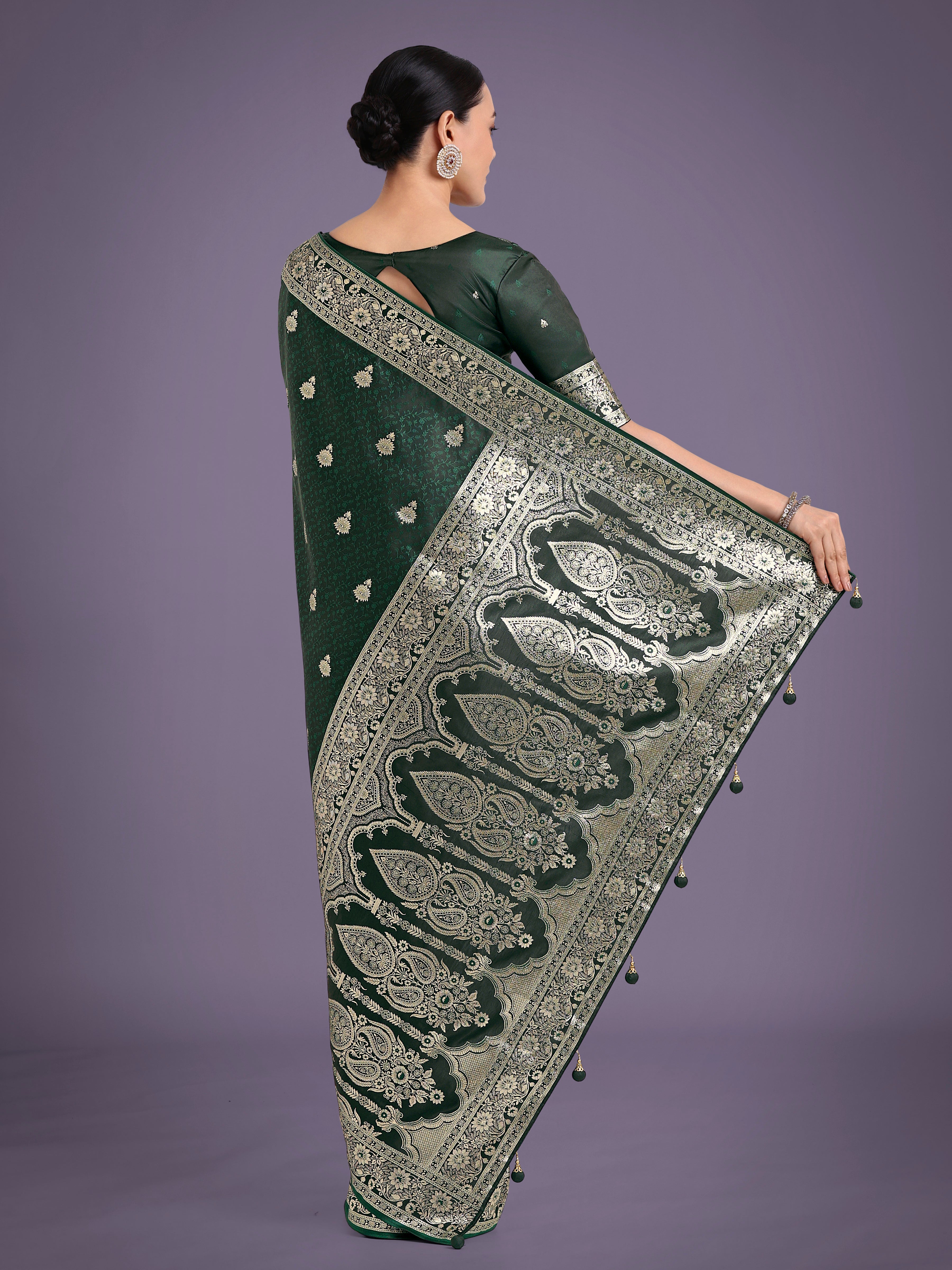 Dark Green Banarasi Satin Silk Saree with Intricate Zari Woven Work