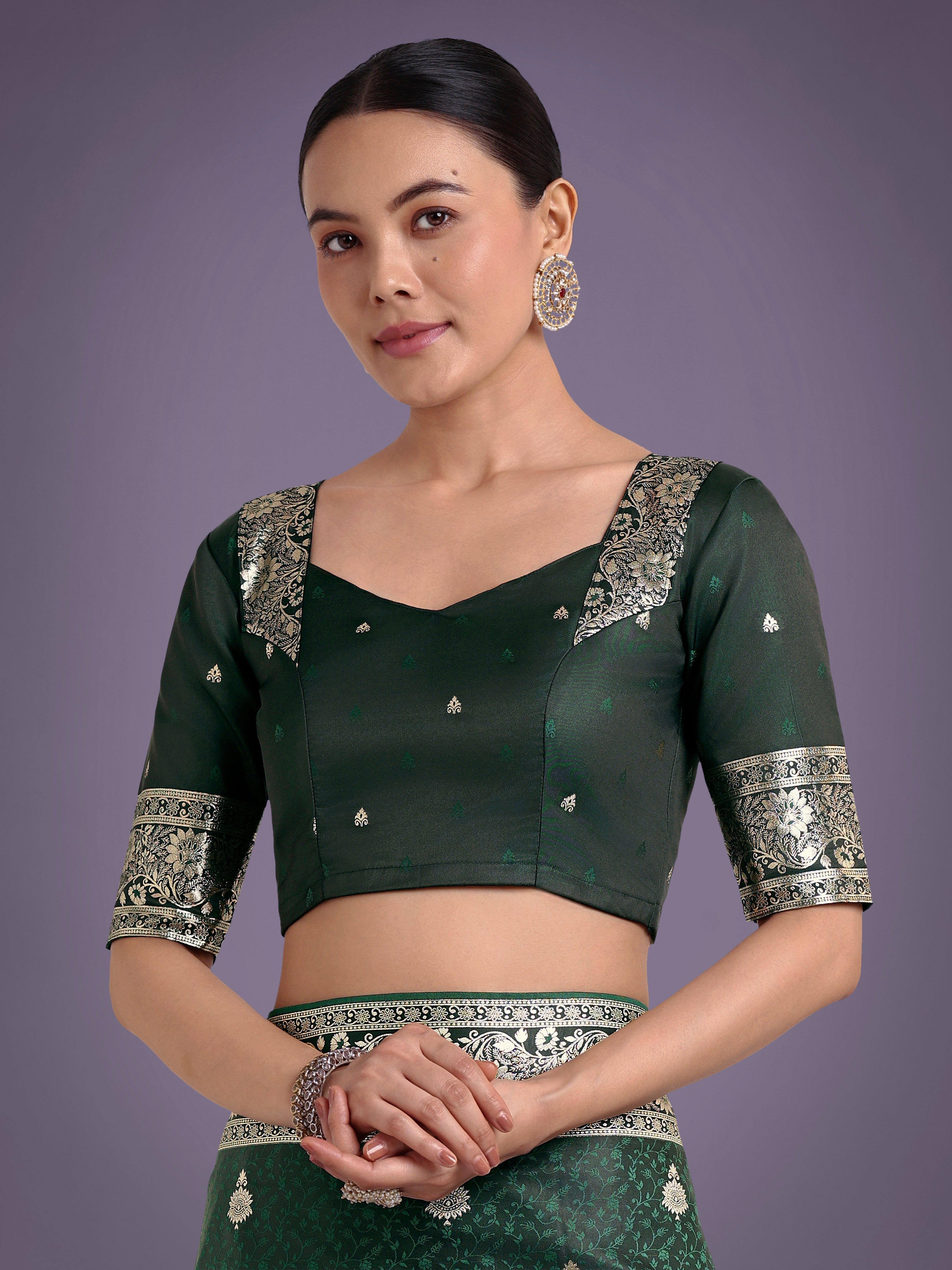 Dark Green Banarasi Satin Silk Saree with Intricate Zari Woven Work