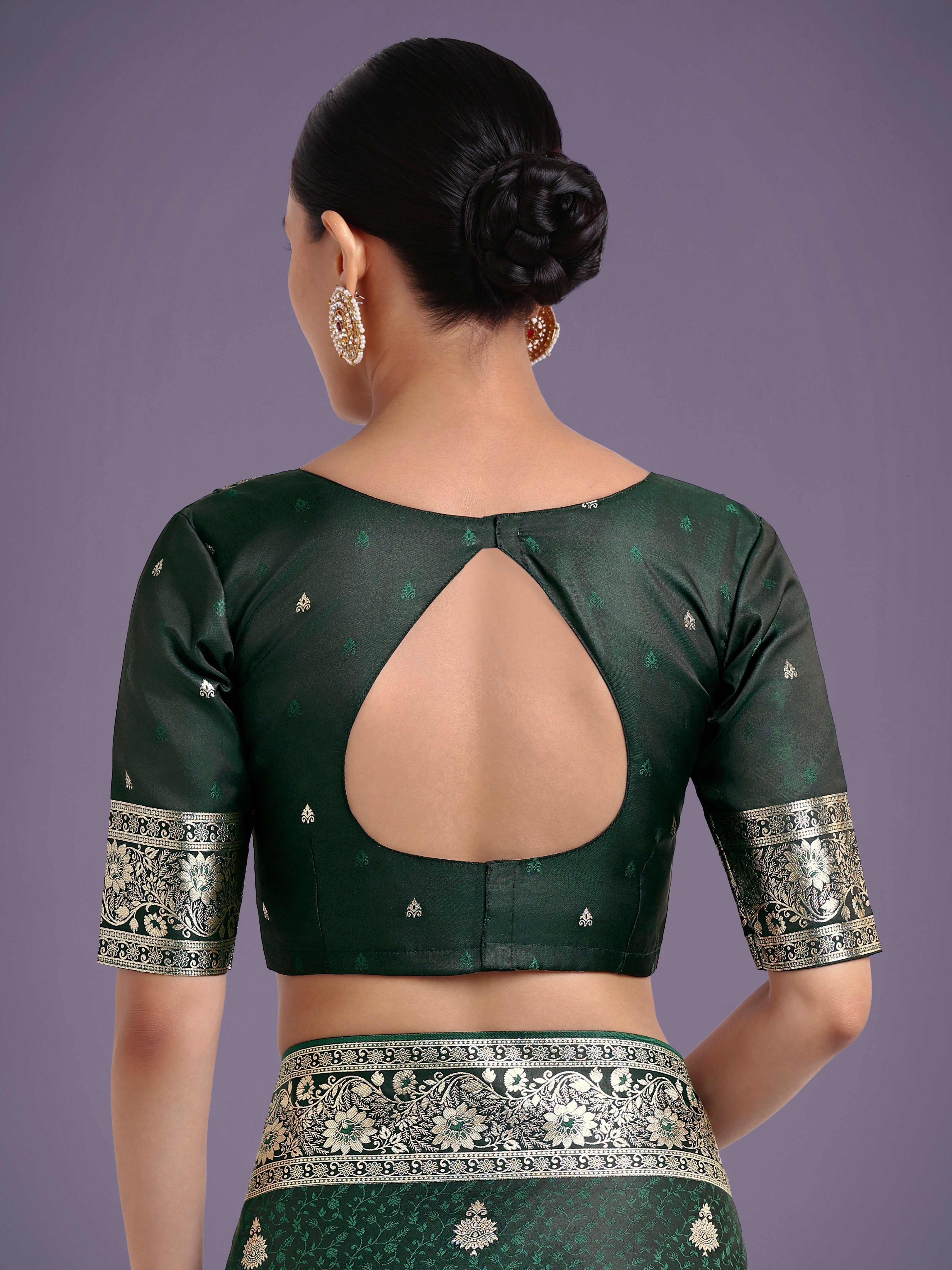 Dark Green Banarasi Satin Silk Saree with Intricate Zari Woven Work