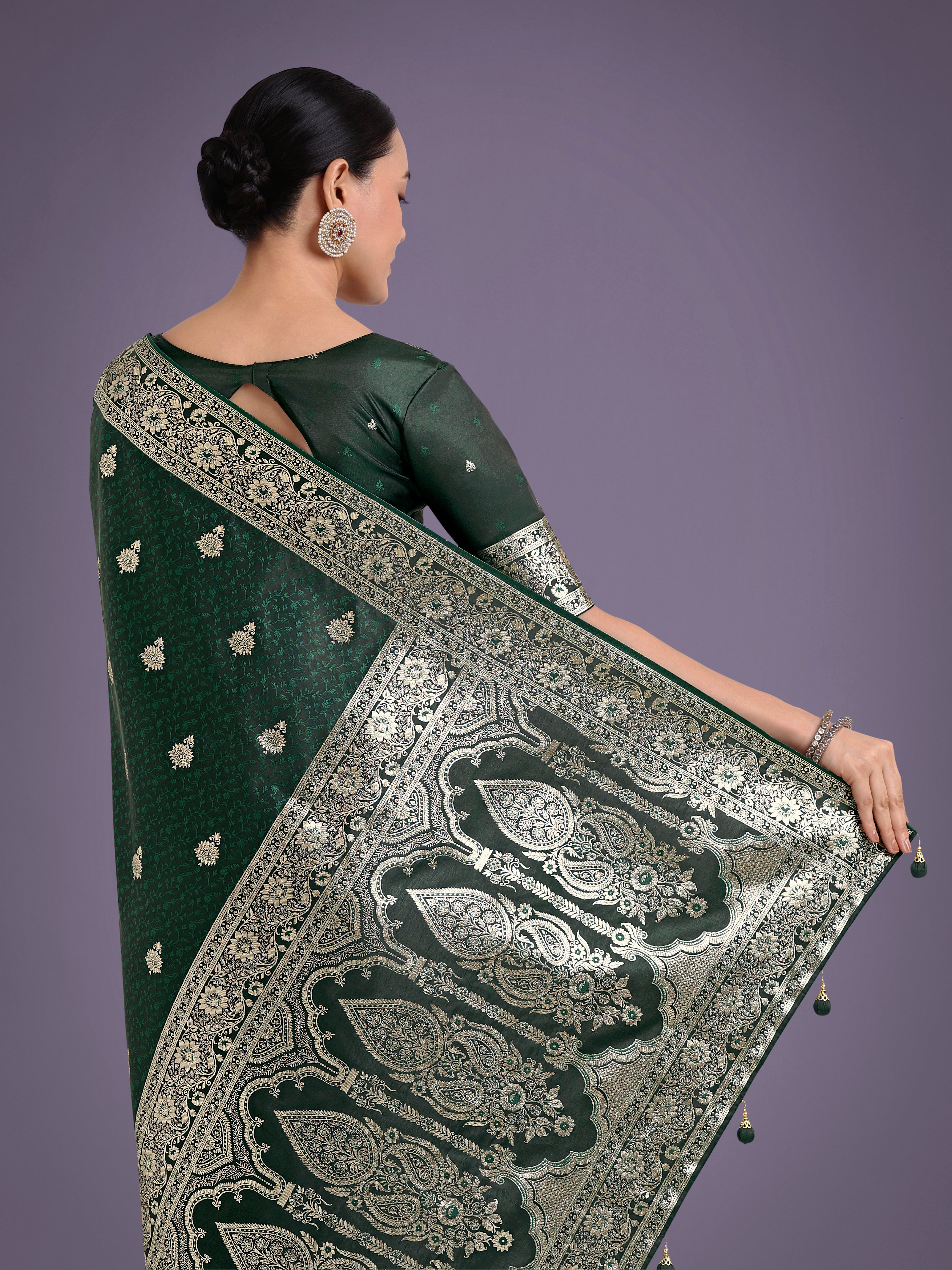 Dark Green Banarasi Satin Silk Saree with Intricate Zari Woven Work