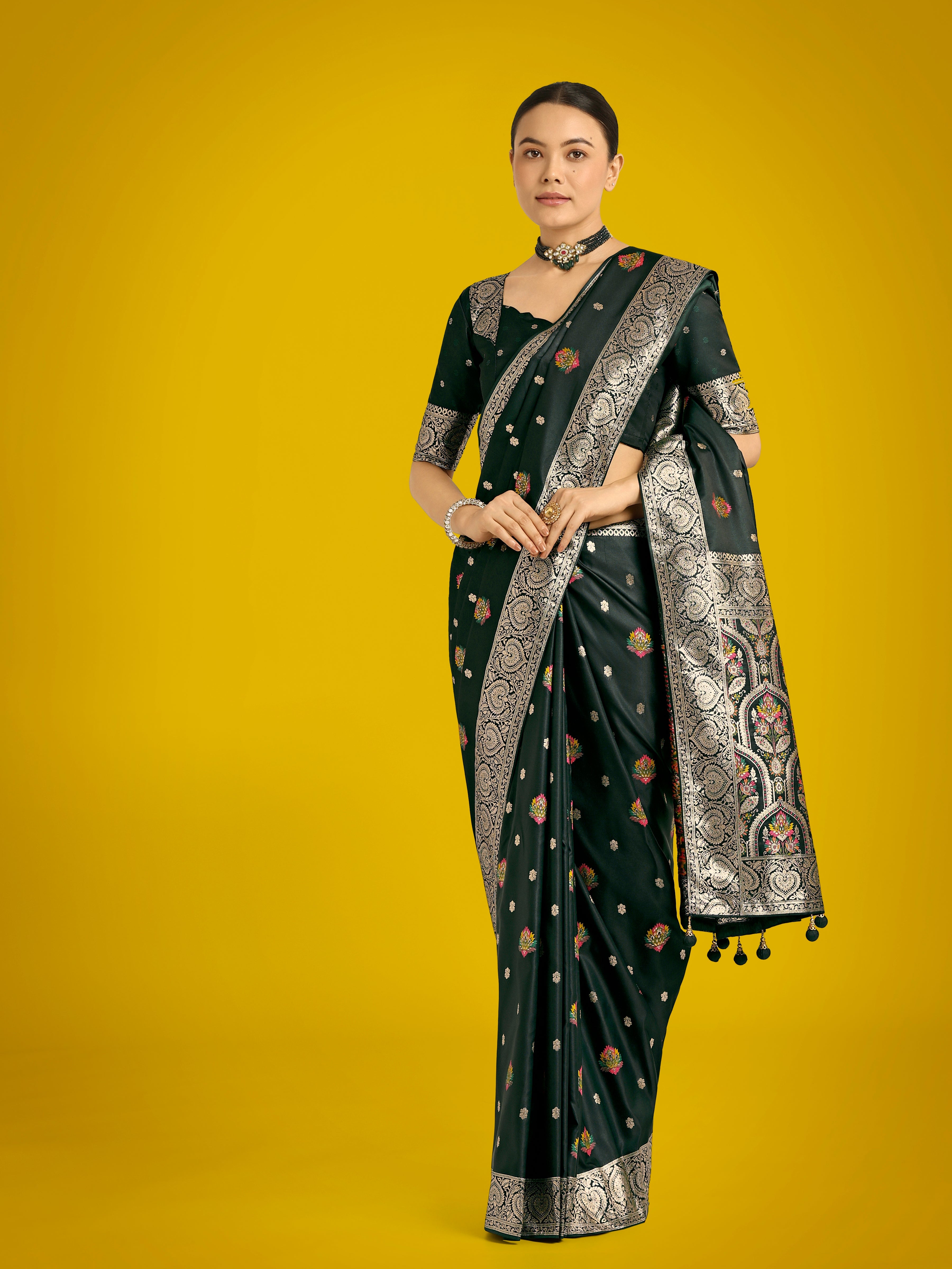 Dark Green Charming Soft Banarasi Zari Woven Designer Satin Silk Saree
