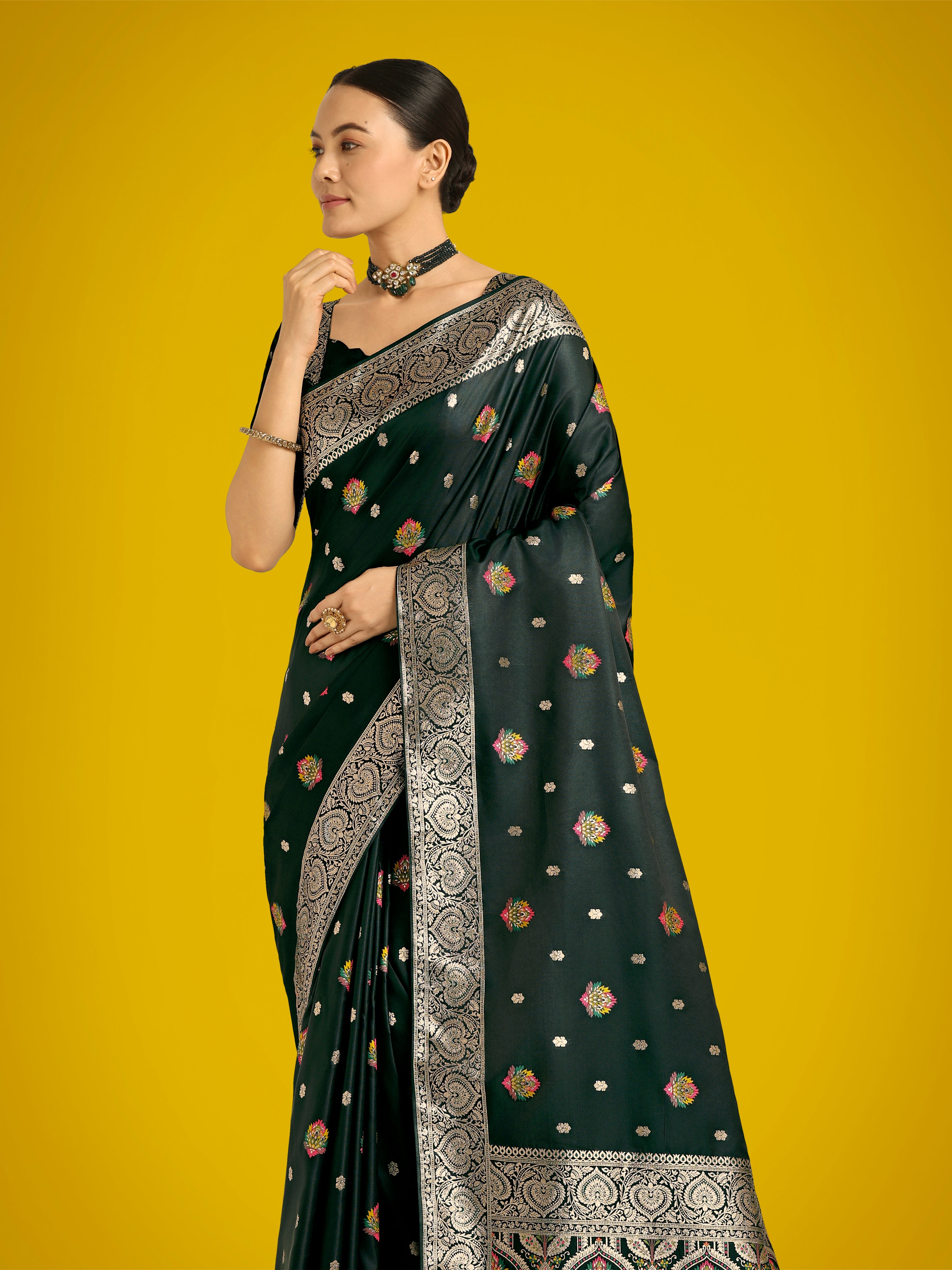 Dark Green Charming Soft Banarasi Zari Woven Designer Satin Silk Saree