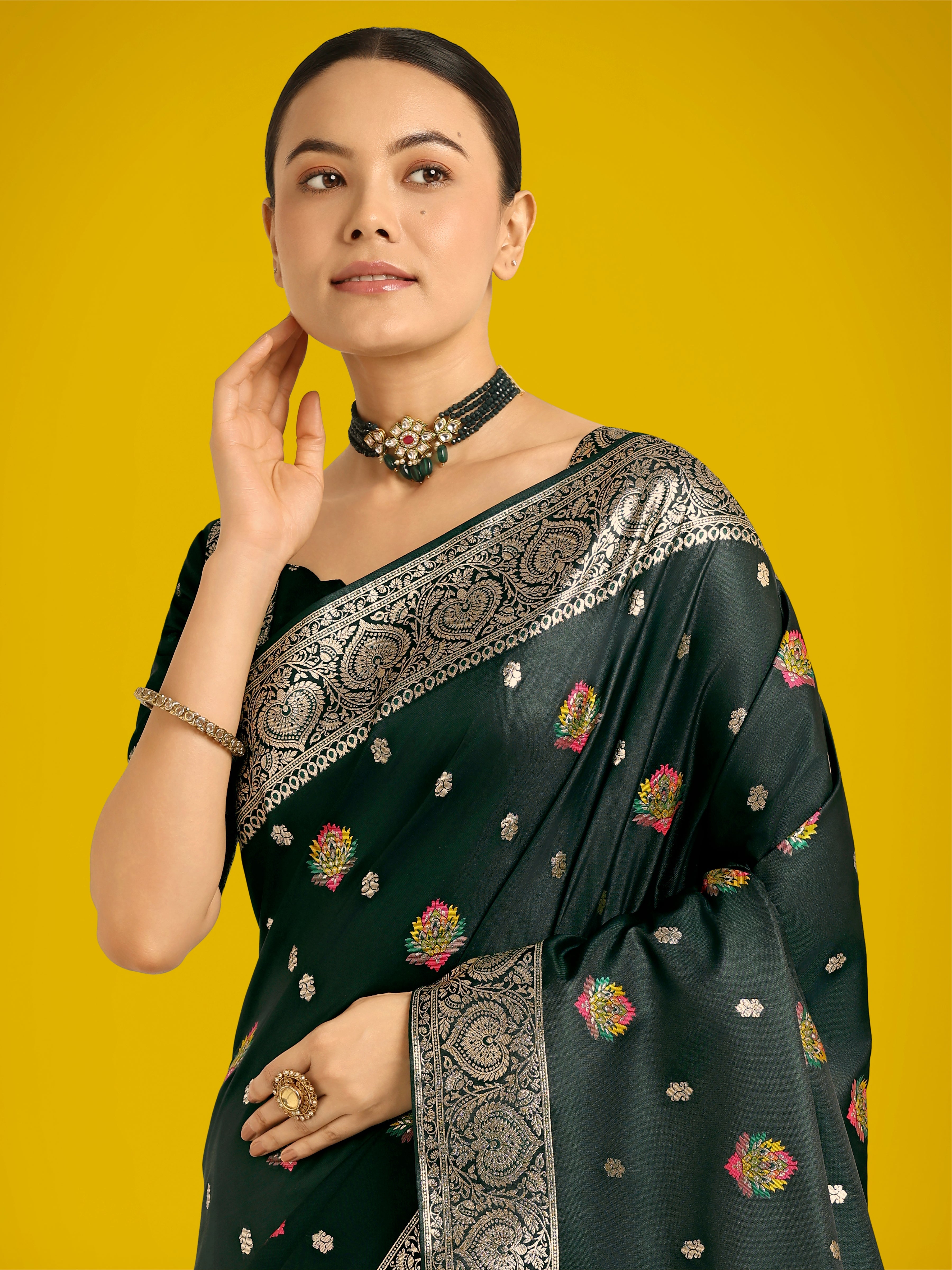 Dark Green Charming Soft Banarasi Zari Woven Designer Satin Silk Saree