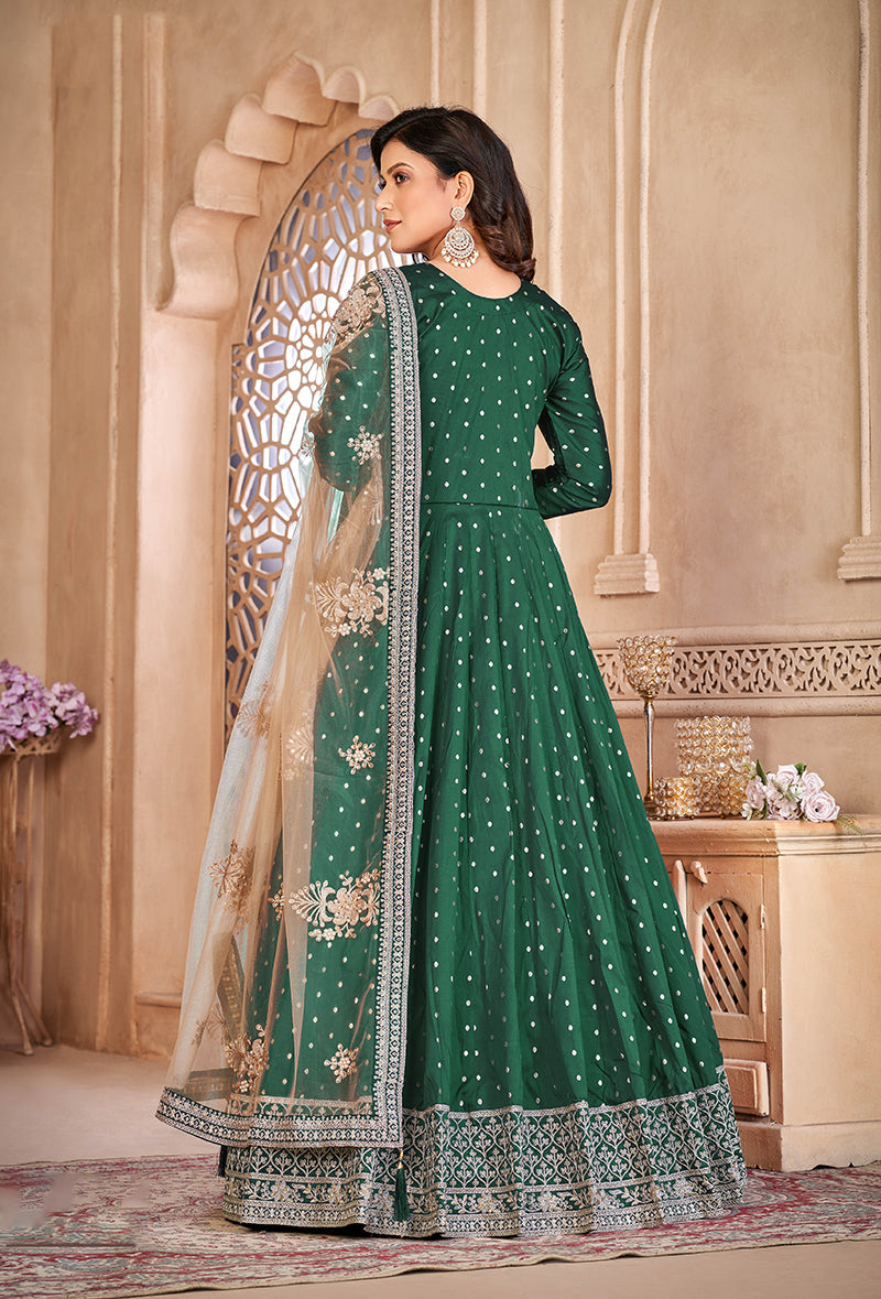 Dark Green Embroidered Taffeta Silk Anarkali Suit