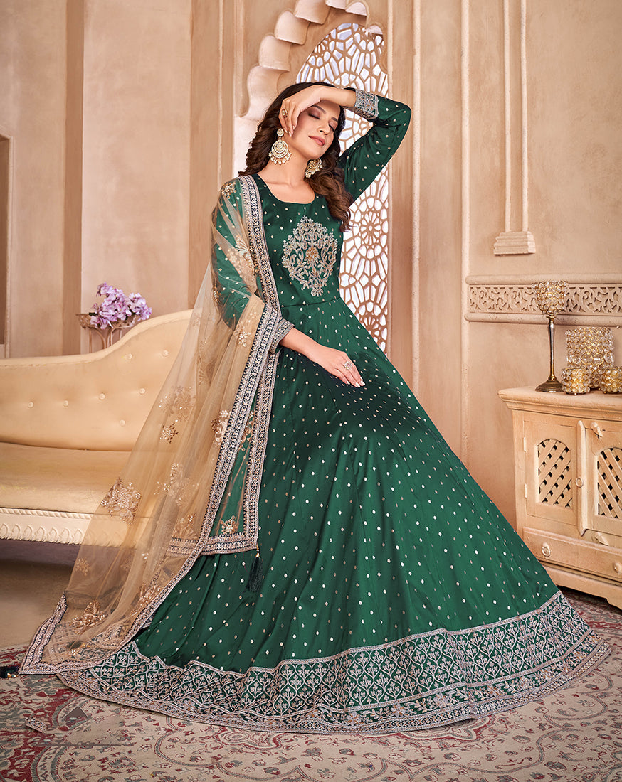 Dark Green Embroidered Taffeta Silk Anarkali Suit