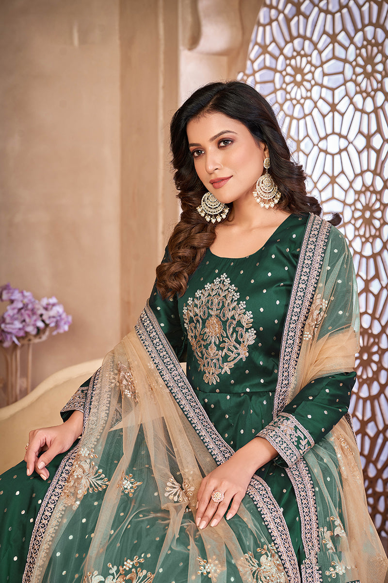 Dark Green Embroidered Taffeta Silk Anarkali Suit