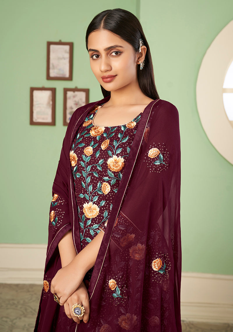 Maroon Georgette Embroidered Plazzo Salwar Kameez