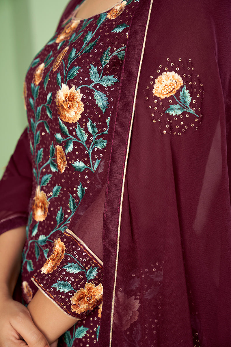 Maroon Georgette Embroidered Plazzo Salwar Kameez